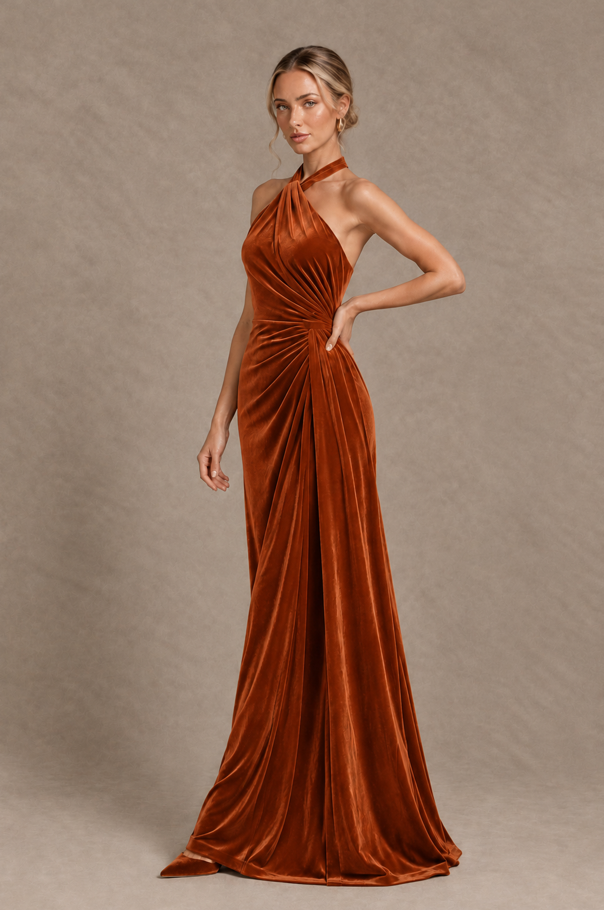 BOLODOO Burnt Orange Velvet Halter Open-Back Ruched Evening Dress - Burnt Orange - Burnt_Orange_3