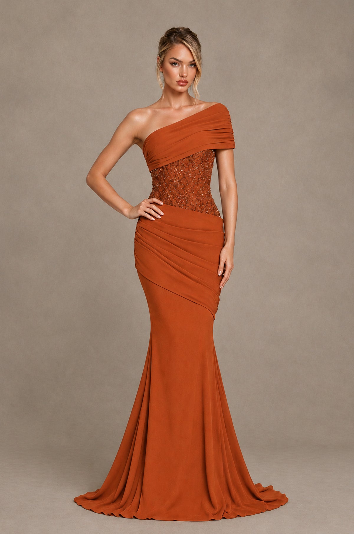 BOLODOO Burnt Orange One-Shoulder Sequin Embroidered Ruched Mermaid Gown with Train - Burnt Orange - Burnt Orange_3