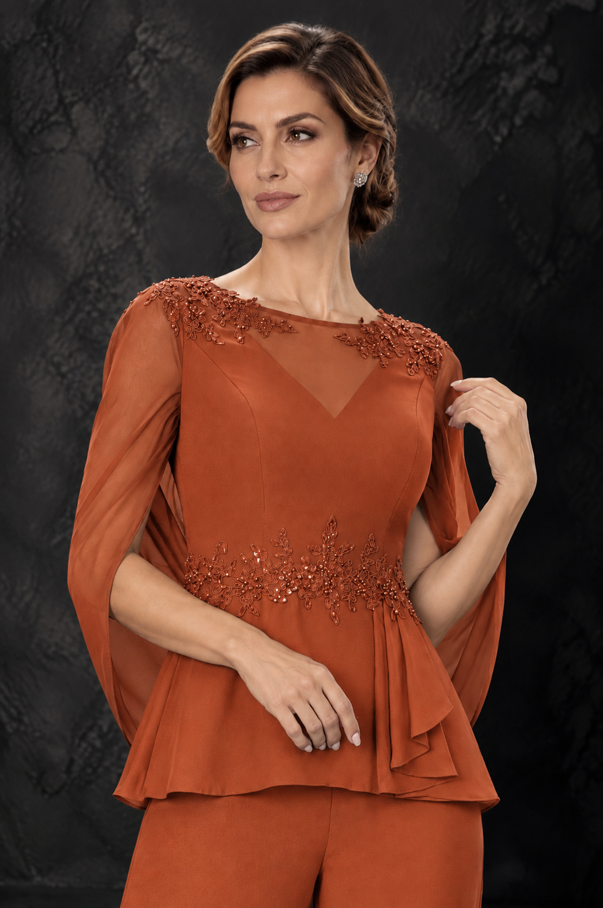 BOLODOO Burnt Orange Embellished Cape Sleeve Mother of the Bride Pantsuit - Burnt Orange - Burnt_Orange_3