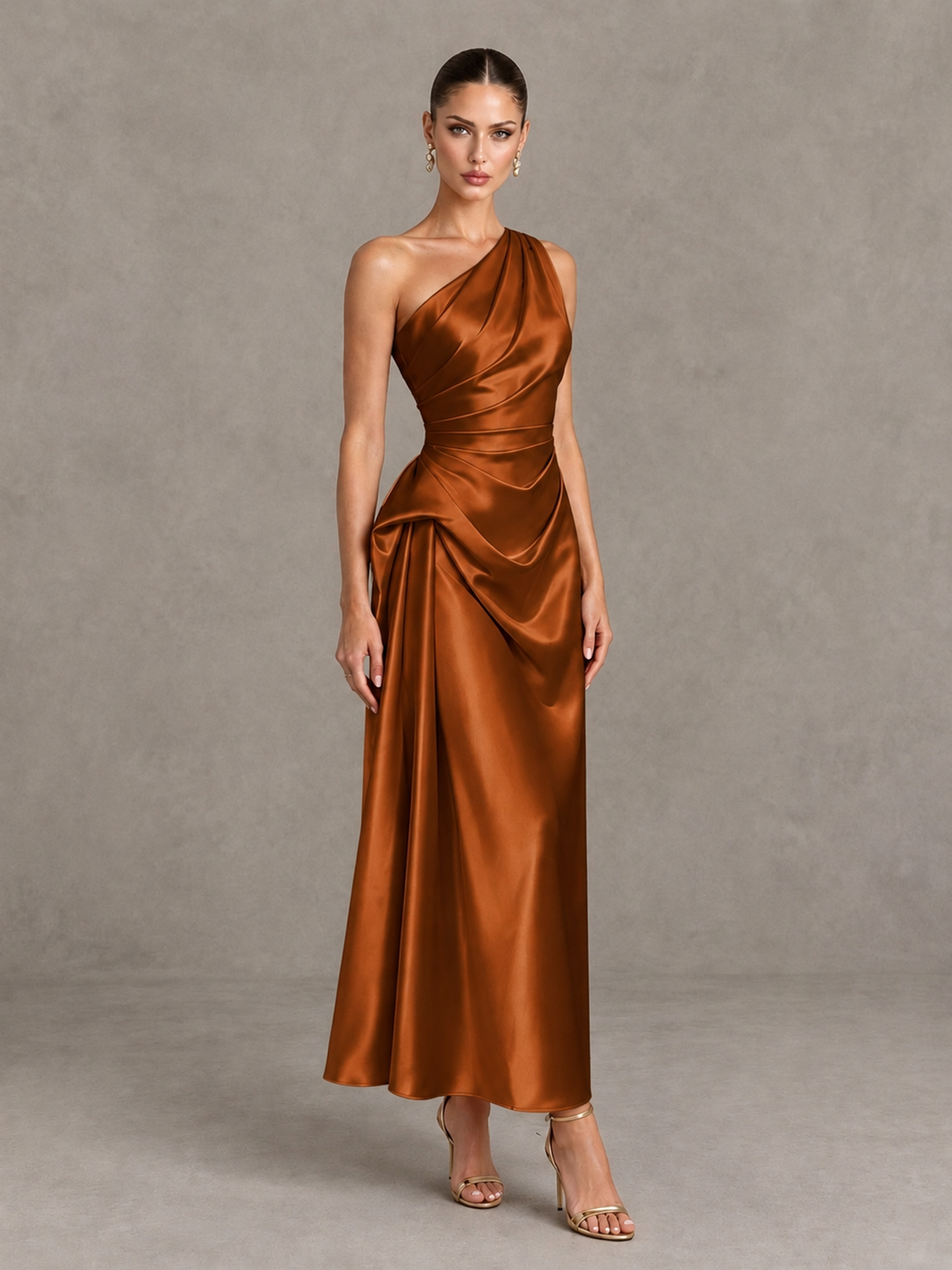 BOLODOO Burnt Orange One Shoulder Satin Cocktail Dress with Draped A-Line Skirt - Burnt Orange - Burnt Orange_3