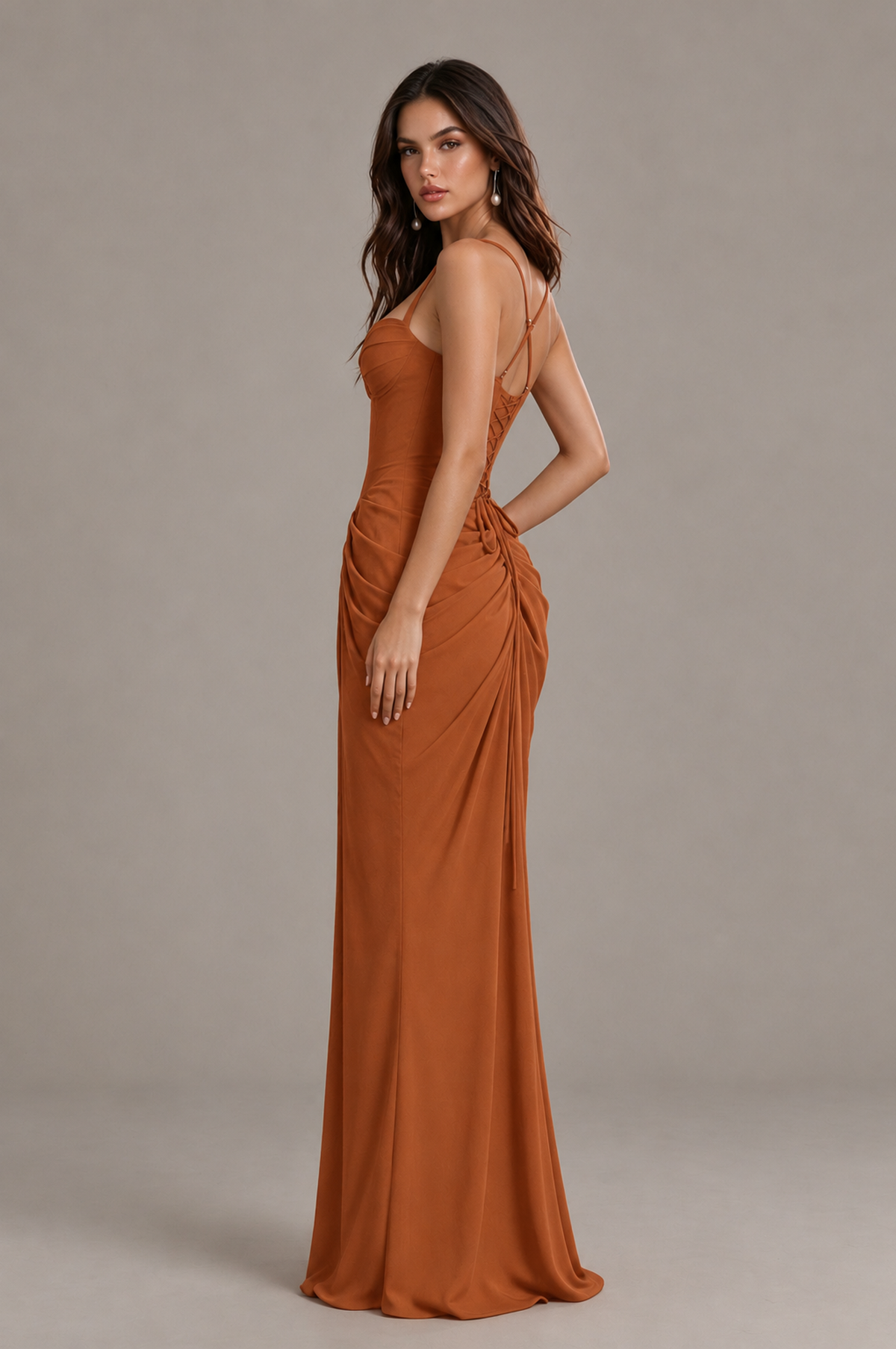 BOLODOO Burnt Orange Sweetheart Ruched Lace-Up Back Evening Gown - Burnt Orange - Burnt_Orange_3