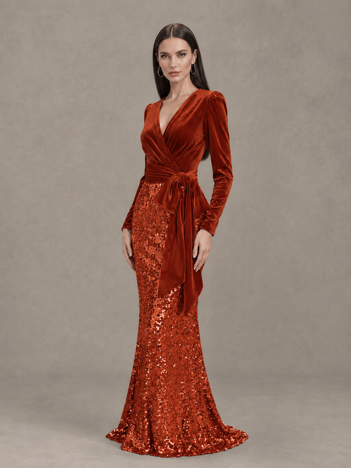 BOLODOO Burnt Orange Velvet & Sequin Long Sleeve V-Neck Mermaid Evening Gown - Burnt Orange - Burnt Orange_3
