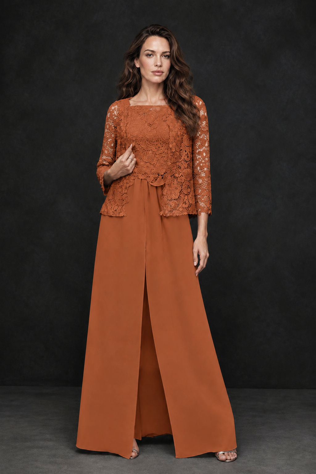 BOLODOO Burnt Orange Grey Lace Peplum Top & Wide-Leg Chiffon Pants Set | Mother of the Bride & Formal Evening Outfit - Burnt Orange