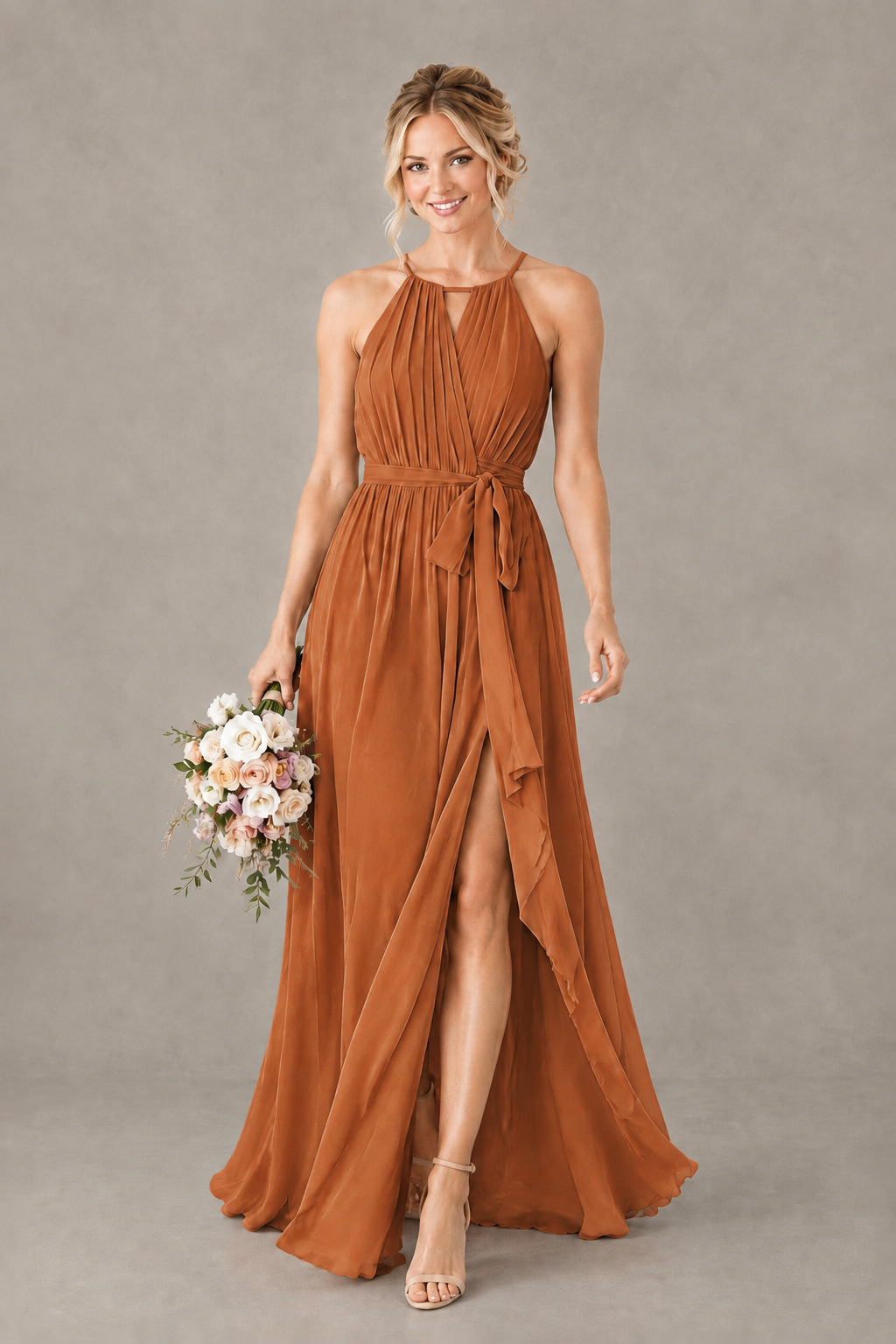BOLODOO Burnt Orange Halter Chiffon Bridesmaid Dress with High Slit - Burnt Orange