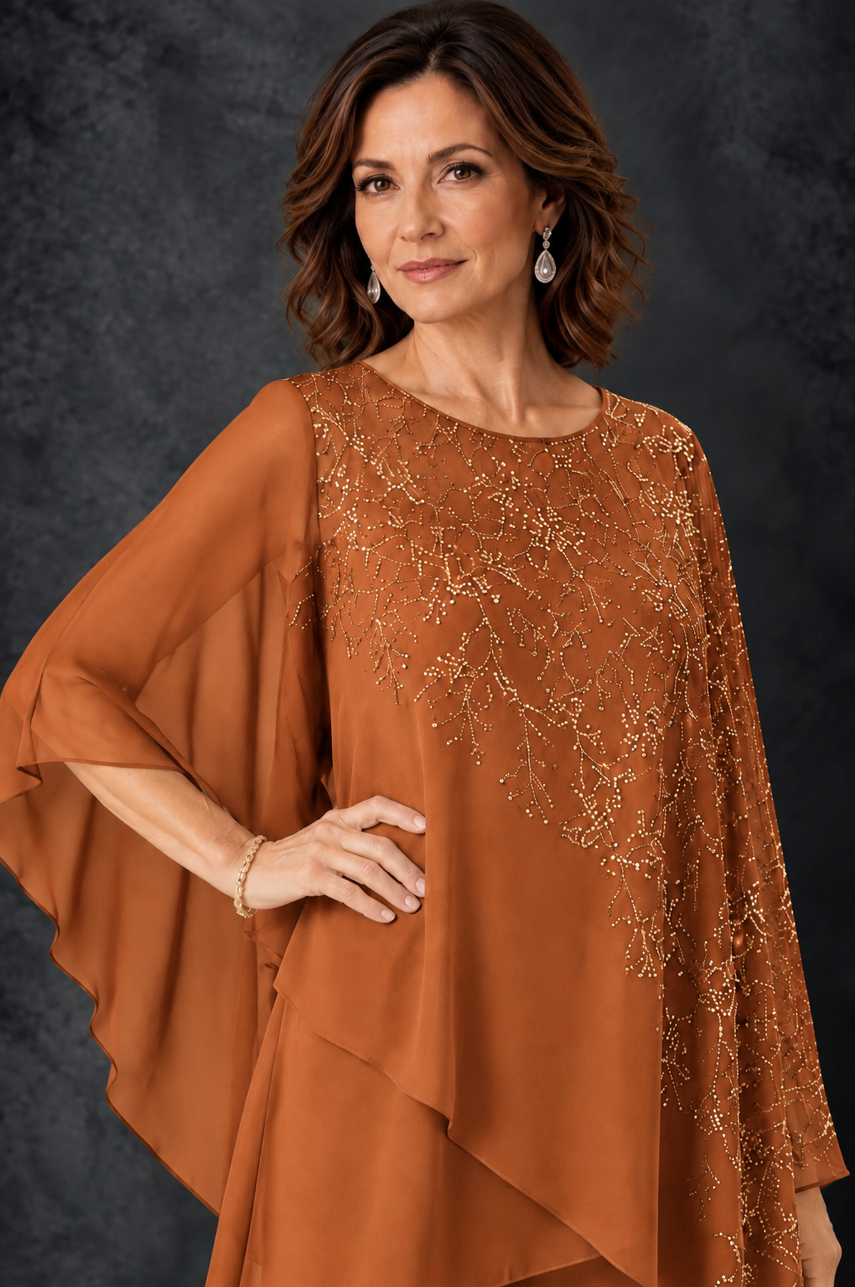 BOLODOO Burnt Orange Embellished Cape Pant Suit for Mother of the Bride - Burnt Orange - Burnt_Orange_3