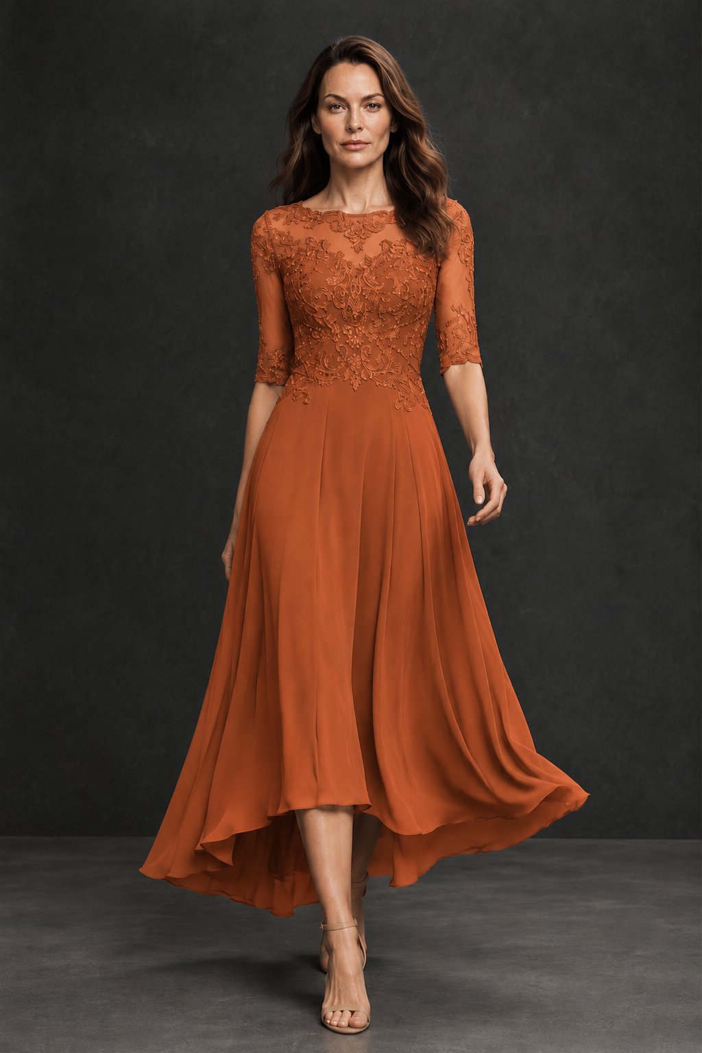 BOLODOO Burnt Orange Illusion Lace 3/4 Sleeve Hi-Lo Chiffon A-Line Dress | Mother of the Bride Tea Length Dress - Burnt Orange