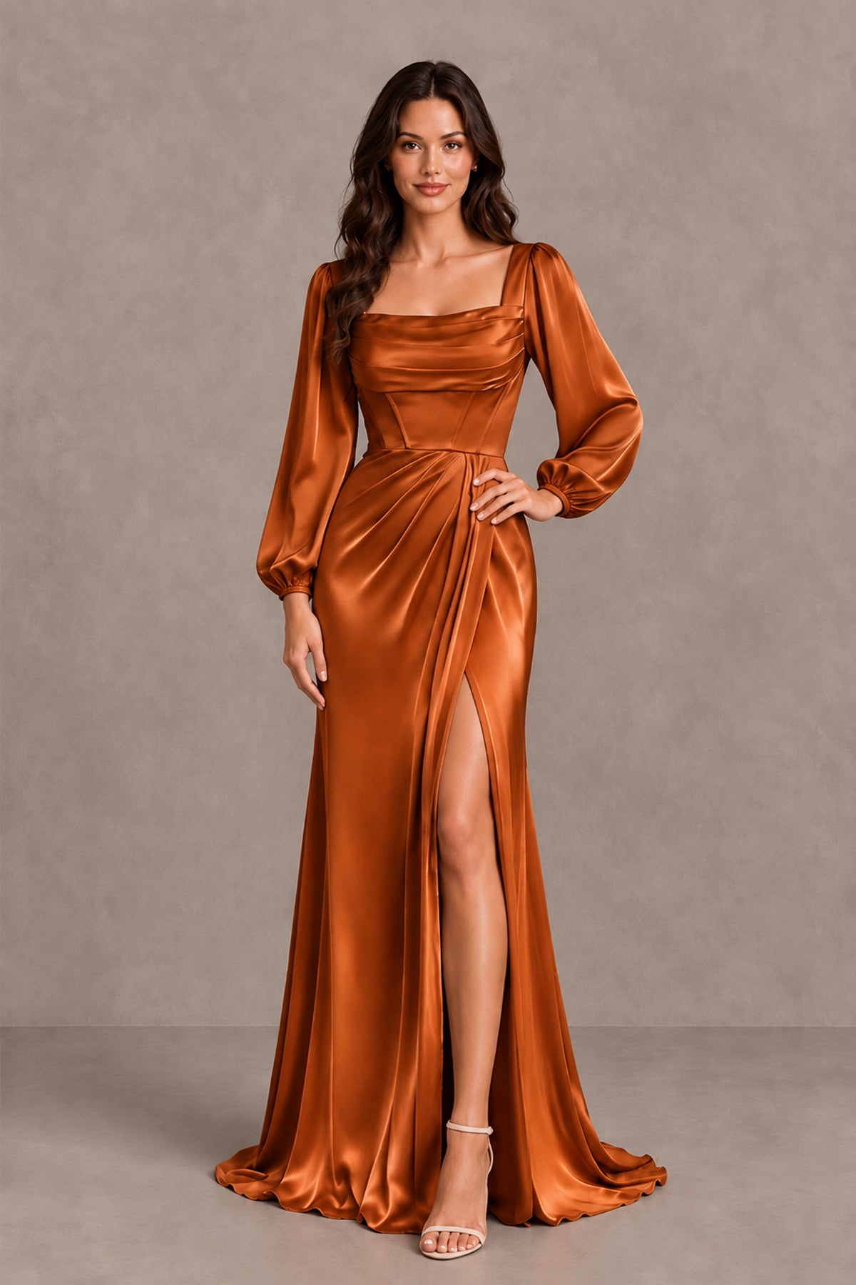 BOLODOO Burnt Orange Satin-Look Long Sleeve Evening Dress with High Slit - Burnt Orange - Burnt Orange_3