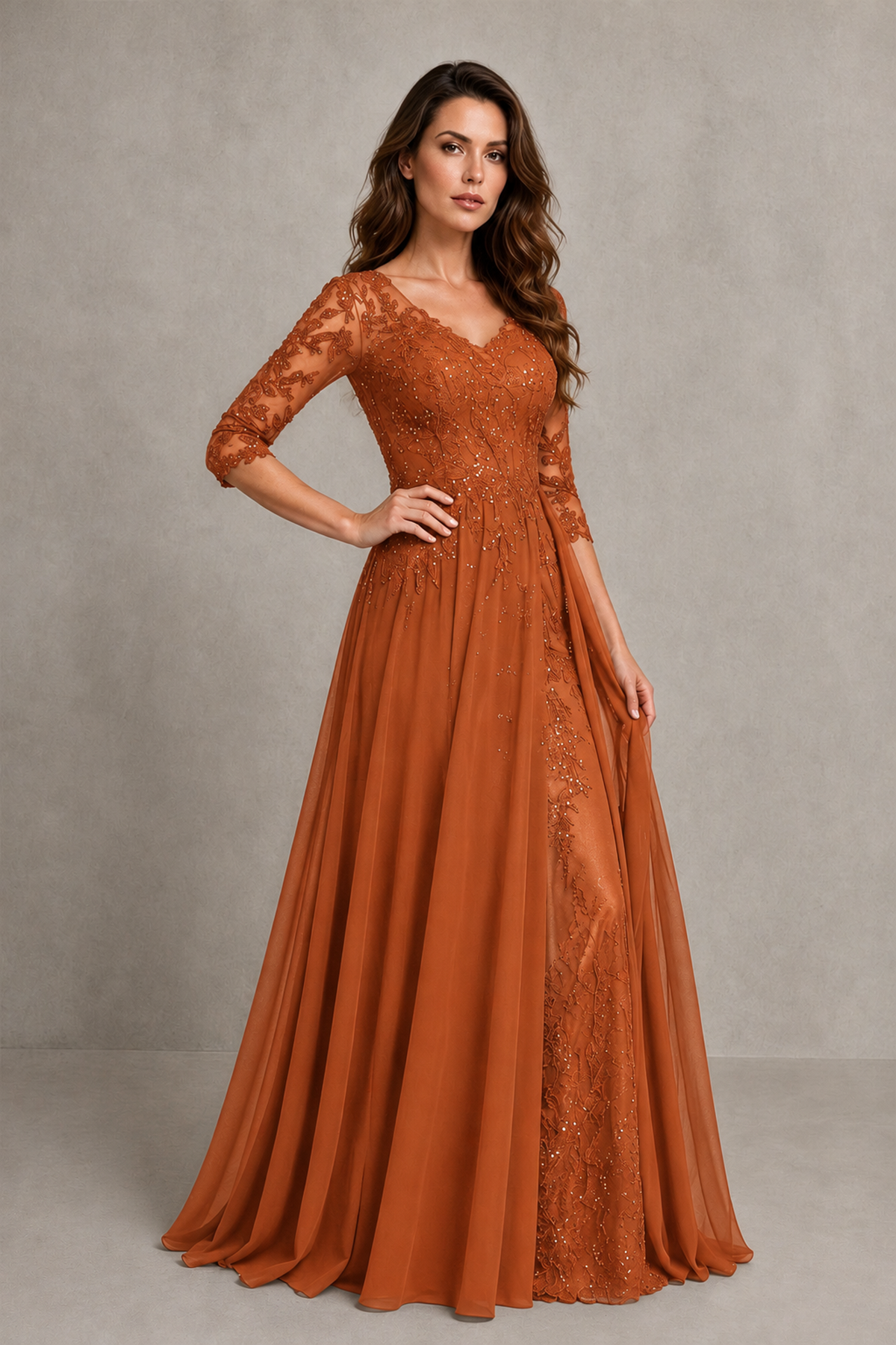 BOLODOO Midnight Burnt Orange Beaded Lace Appliqué Chiffon A-Line Gown | Mother of the Bride & Formal Evening Dress - Burnt Orange - Burnt Orange_3