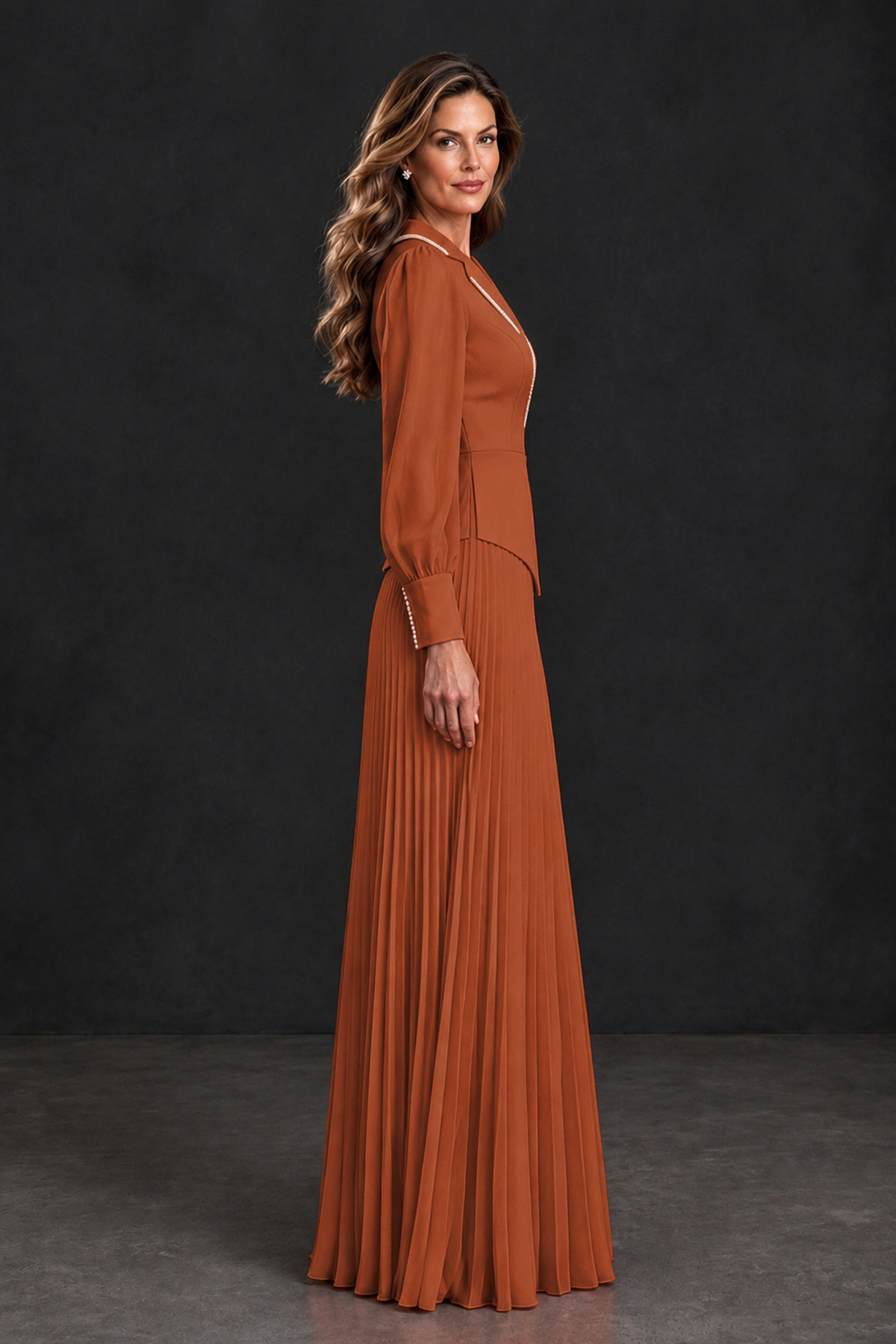 BOLODOO Burnt Orange Long Sleeve Pleated Mother of the Bride Dress - Burnt Orange - Burnt Orange_3