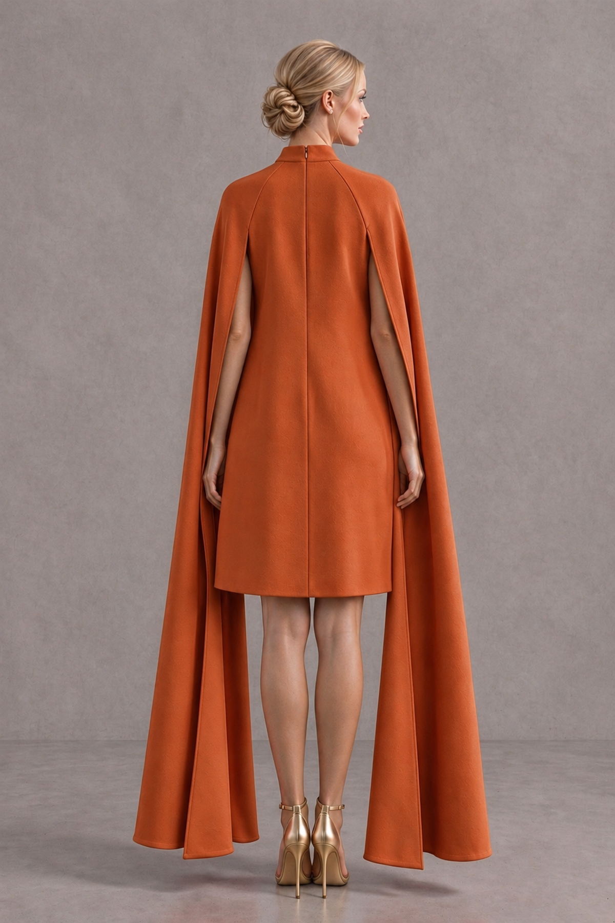 BOLODOO Burnt Orange High Neck Floral Cape Mini Cocktail Dress - Burnt Orange - Burnt Orange_3