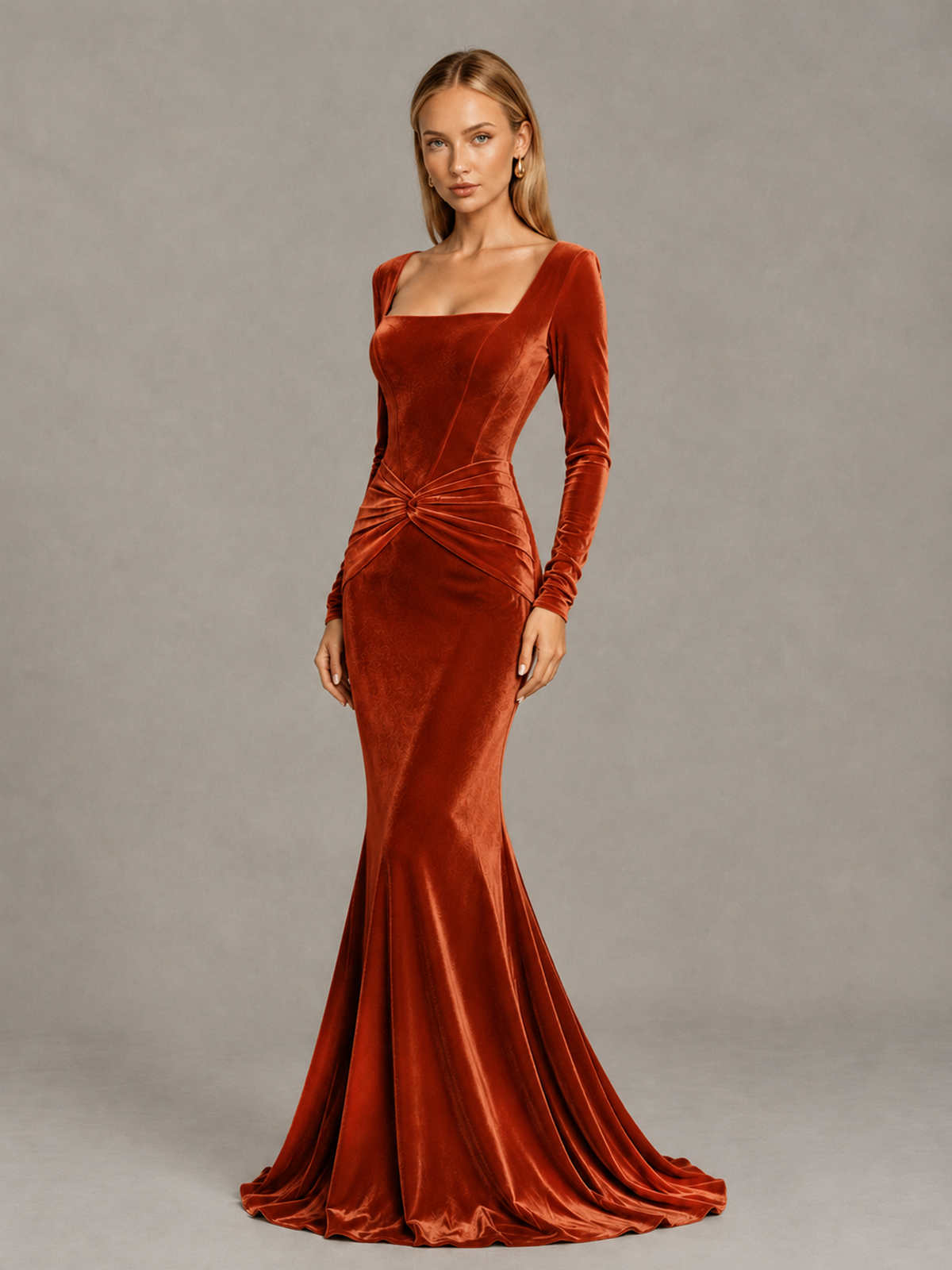 BOLODOO Burnt Orange Velvet-Look Square Neck Long Sleeve Mermaid Evening Dress - Burnt Orange - Burnt Orange_3
