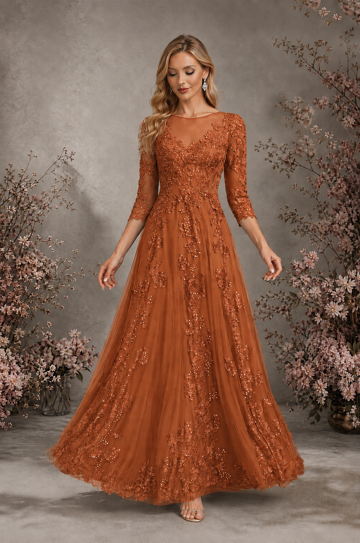 BOLODOO Burnt Orange Sequin Lace 3/4 Sleeve Open Back Formal Evening Gown - Burnt Orange