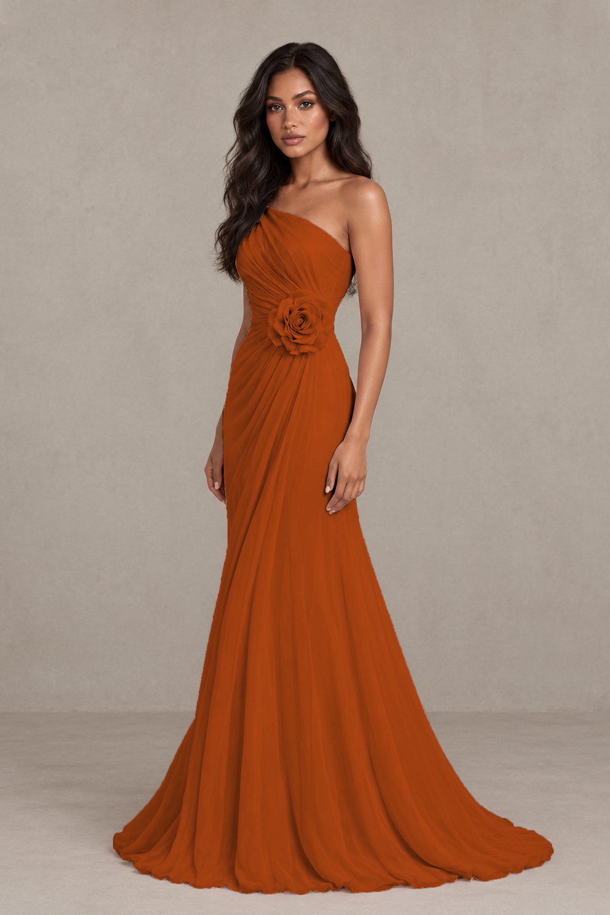 BOLODOO Burnt Orange One-Shoulder Floral Ruched Maxi Dress - Burnt Orange