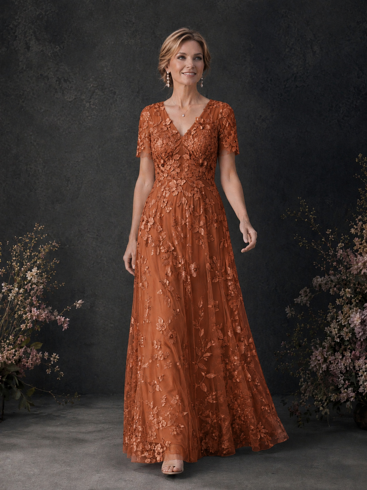 BOLODOO Burnt Orange 3D Floral Embroidered Lace V-Neck Short Sleeve A-Line Maxi Dress - Burnt Orange