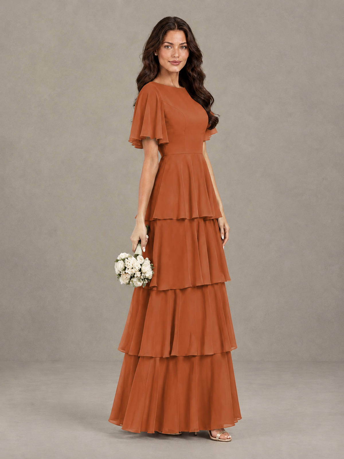 BOLODOO Burnt Orange Tiered Flutter Sleeve Bridesmaid Dress - Burnt Orange - Burnt Orange_3