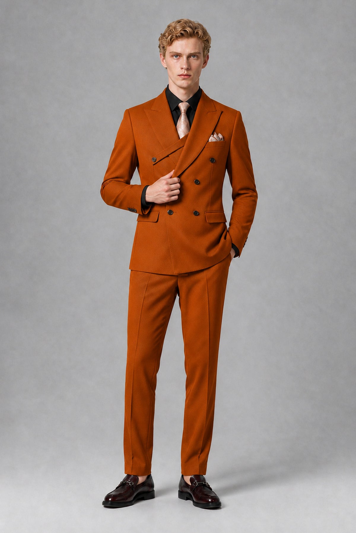 BOLODOO Men's Burnt Orange Double-Breasted Two-Piece Suit – Jacket & Trousers - Burnt Orange