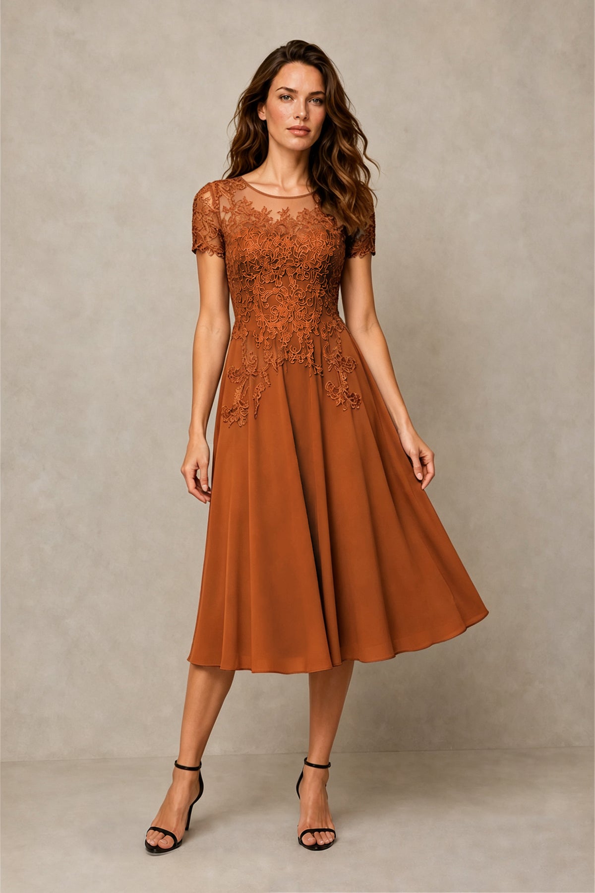 BOLODOO Steel Burnt Orange Beaded Lace Illusion Bodice Chiffon Tea-Length Dress | Mother of the Bride & Cocktail Party - Burnt Orange