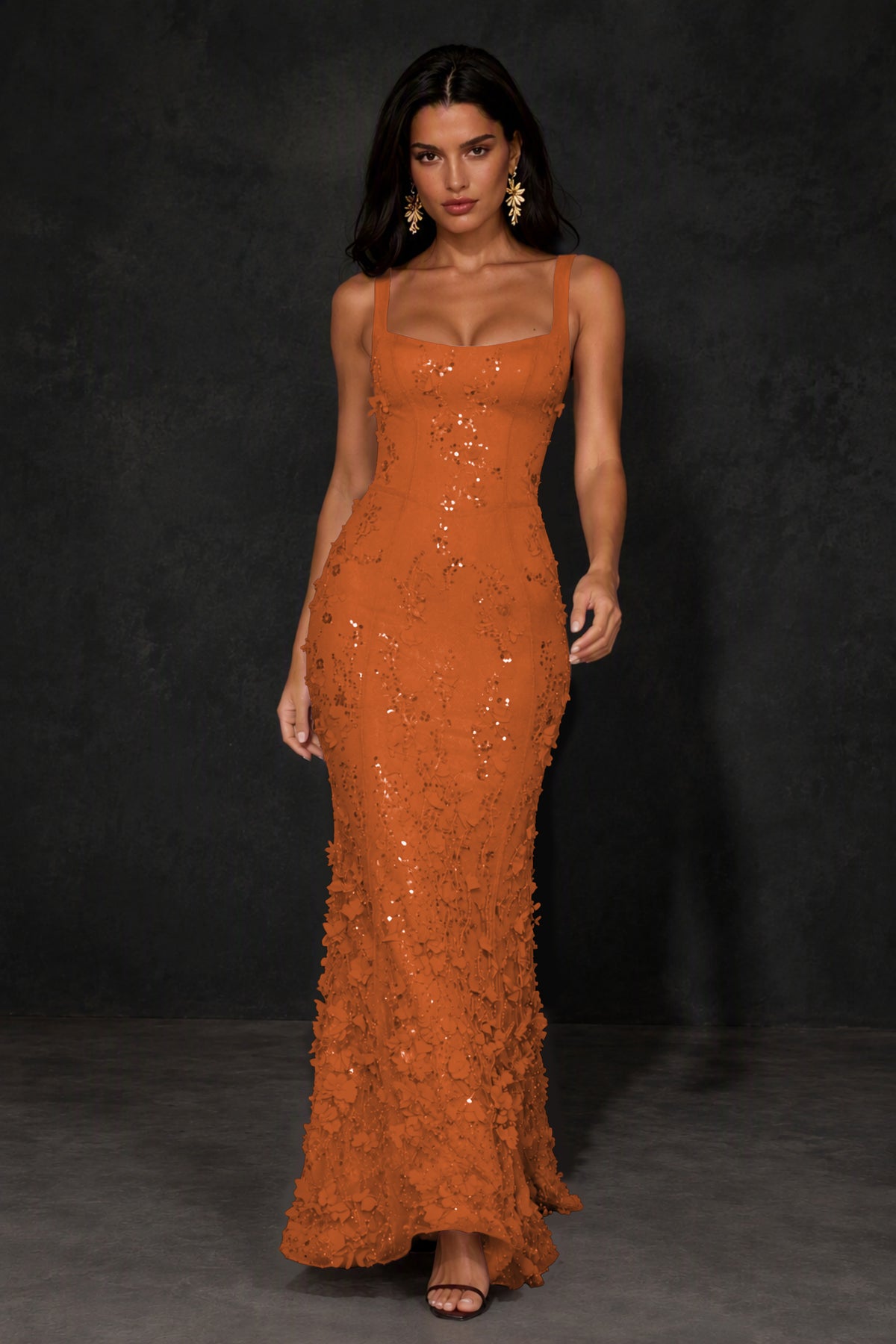 BOLODOO Burnt Orange Sequin 3D Floral Mermaid Maxi Gown – Lace-Up Back Formal Dress - Burnt Orange