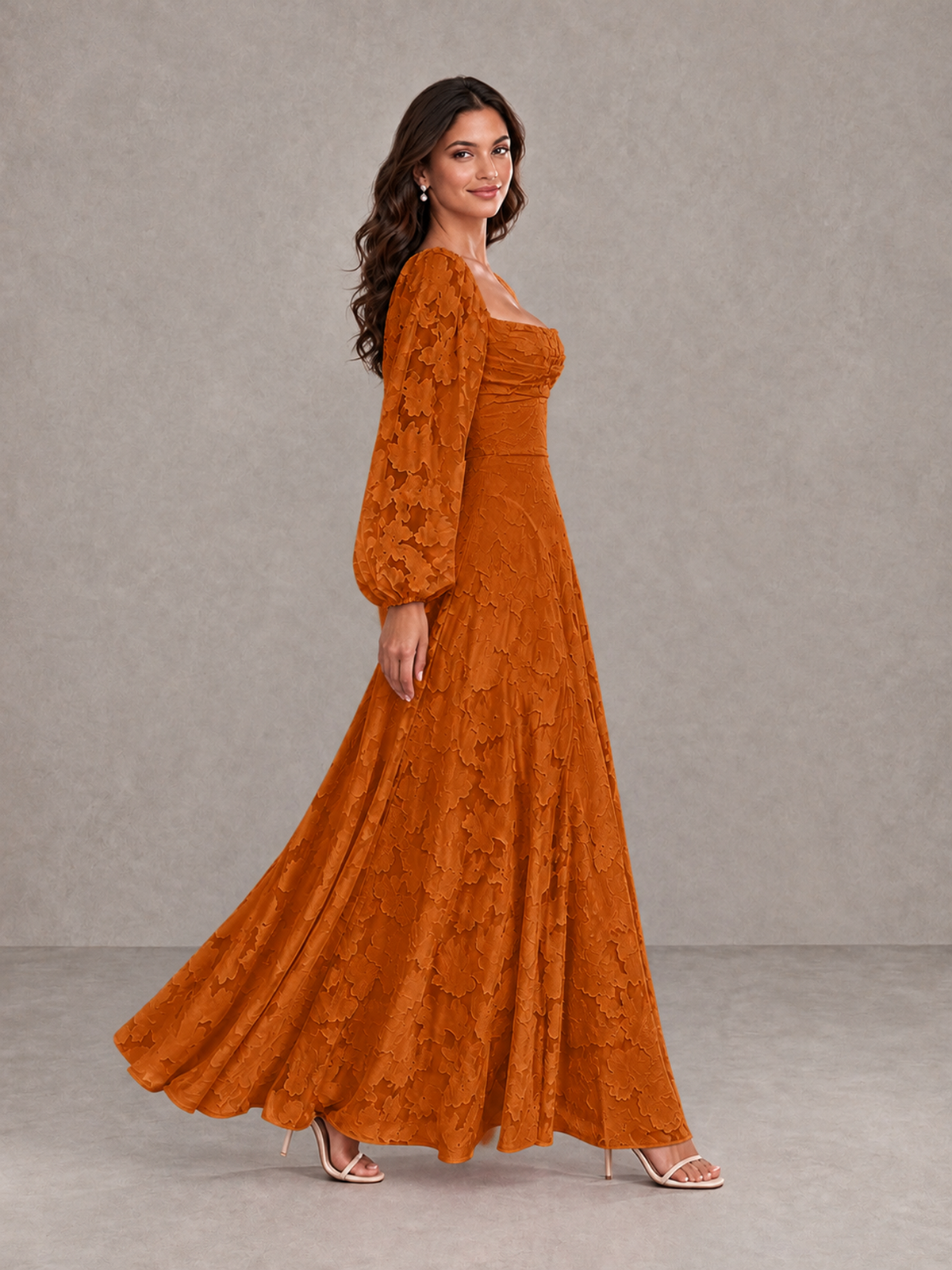 BOLODOO Burnt Orange Floral Long Sleeve A-Line Bridesmaid Dress - Burnt Orange - Burnt Orange_3