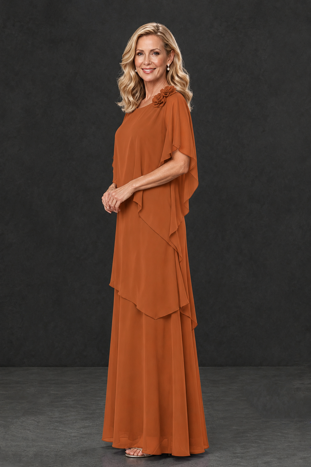 BOLODOO Burnt Orange Tiered Flutter Sleeve Mother of the Bride Maxi Dress - Burnt Orange - Burnt Orange_3