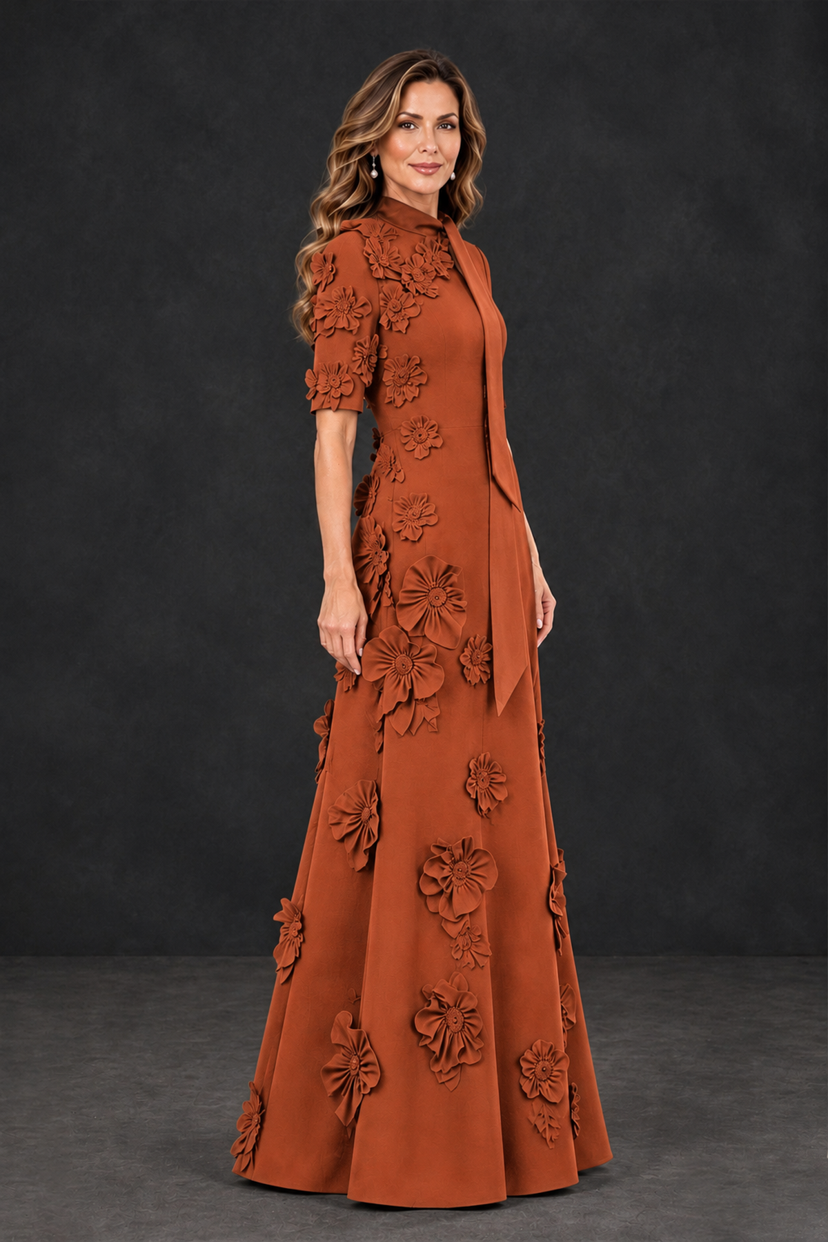 BOLODOO Burnt Orange Floral Applique High-Neck Half-Sleeve Gown - Burnt Orange - Burnt Orange_3