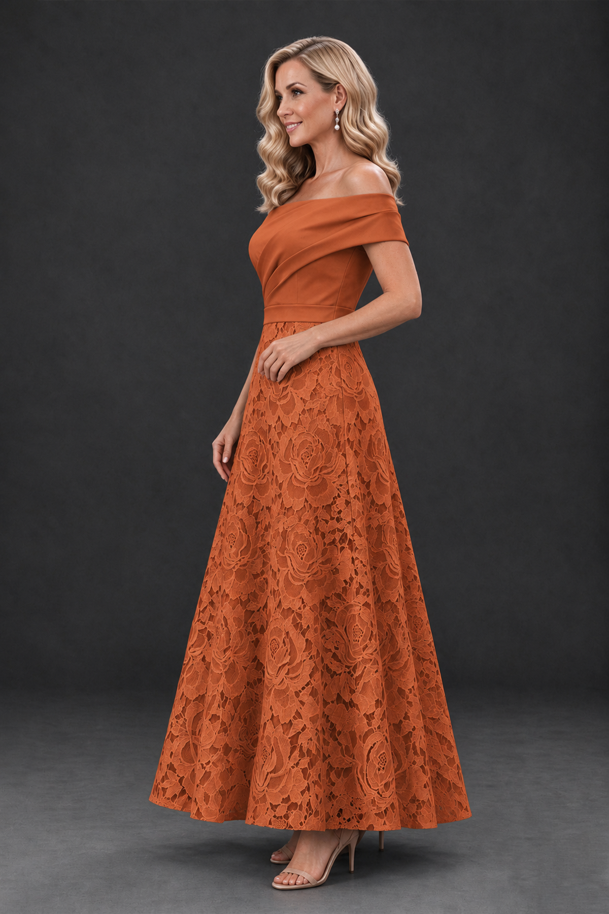 BOLODOO Burnt Orange Off-the-Shoulder Floral A-Line Mother of the Bride Dress - Burnt Orange - Burnt Orange_3