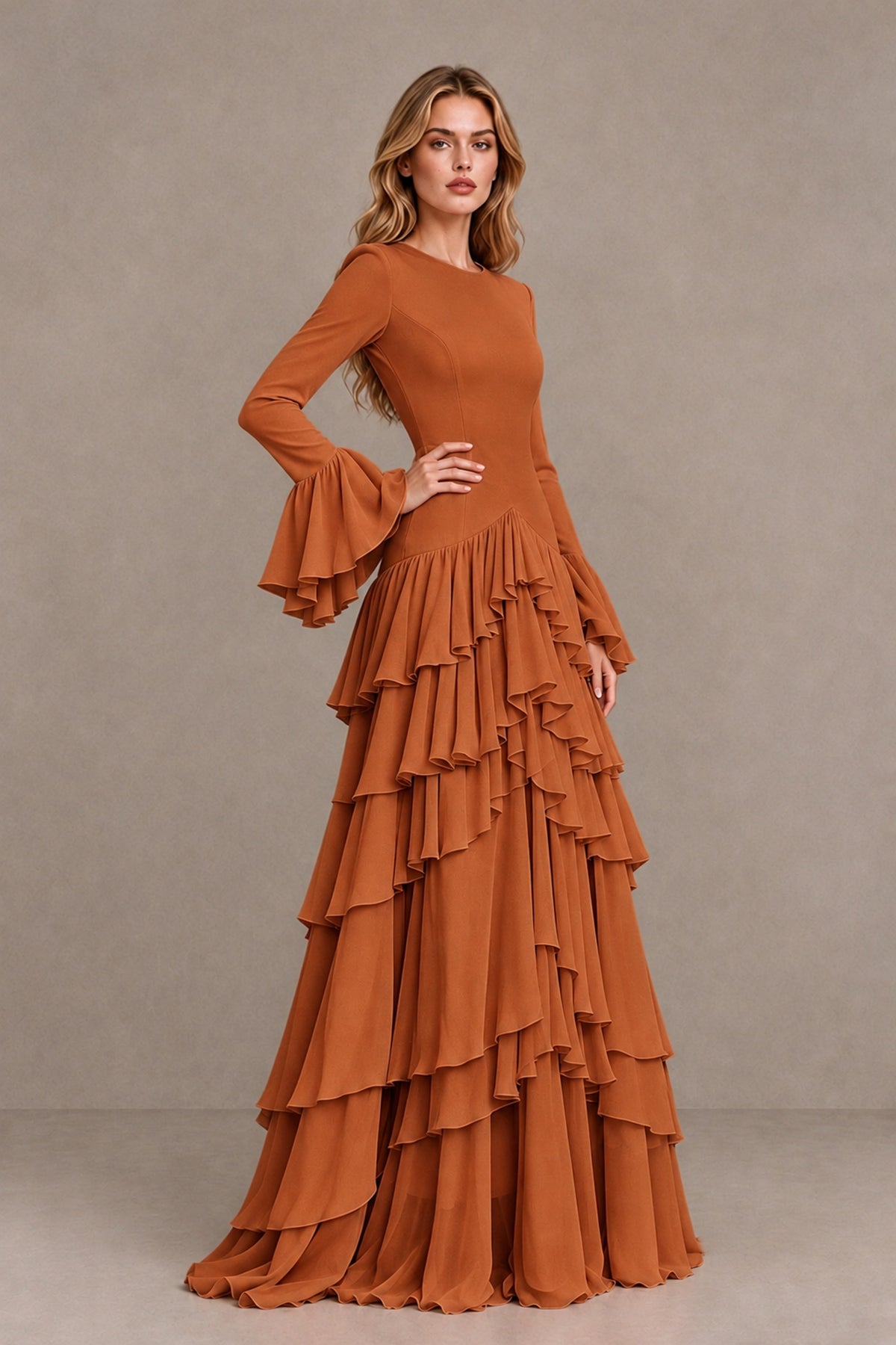 Burnt Orange Long Sleeve Tiered Ruffle Evening Gown - Burnt Orange - Burnt Orange_3