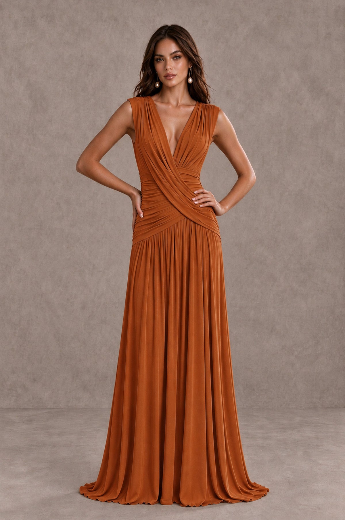 BOLODOO Burnt Orange V-Neck Ruched Wedding Guest Dress - Burnt Orange - Burnt Orange_3
