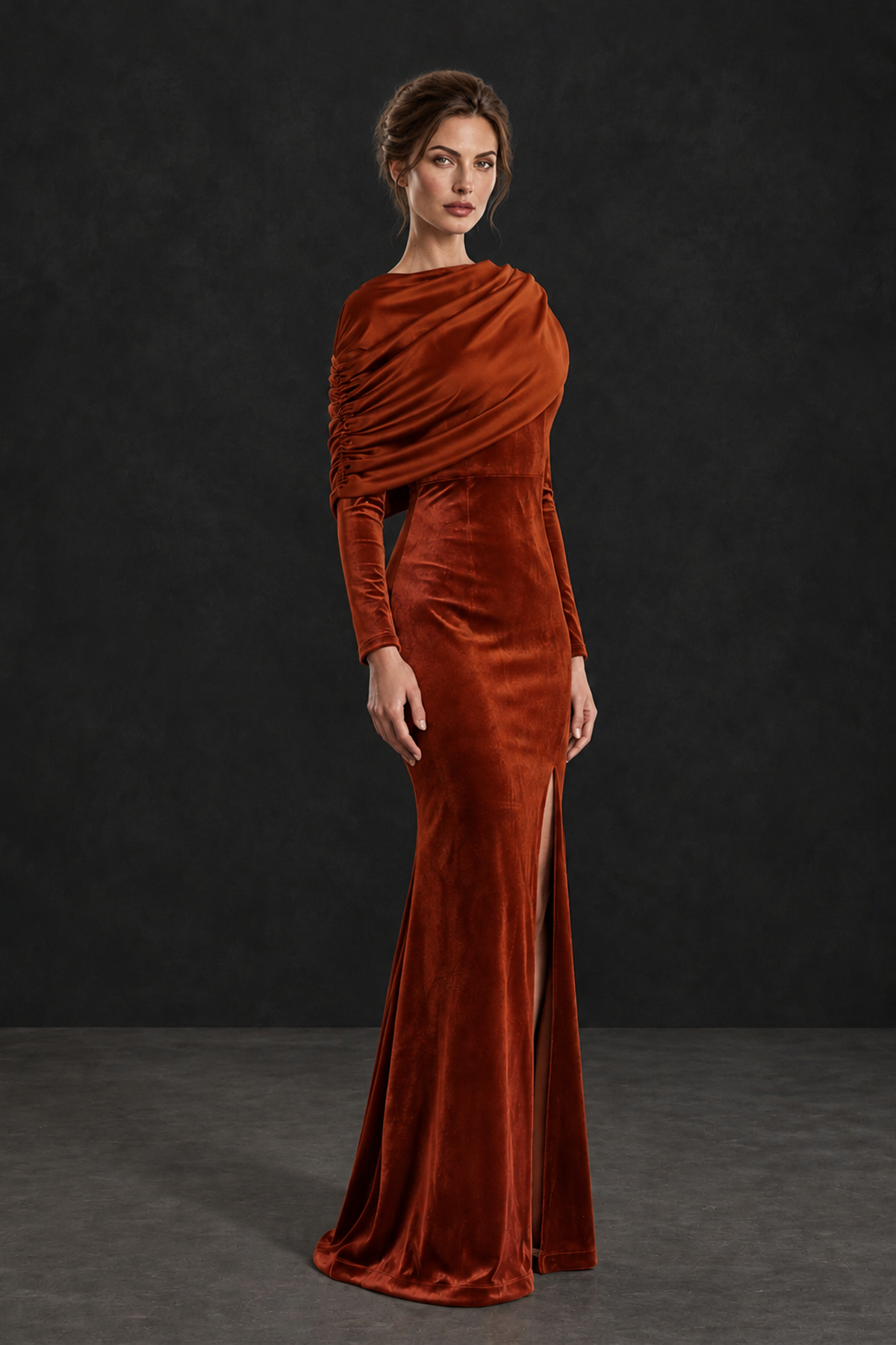 BOLODOO Burnt Orange Velvet Long Sleeve Draped Mother of the Bride Dress - Burnt Orange - Burnt_Orange_3