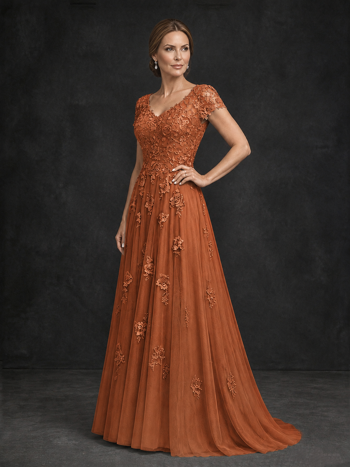 BOLODOO Burnt Orange Cap Sleeve Lace Appliqué A-Line Formal Gown | Mother of the Bride Dress - Burnt Orange - Burnt Orange_3