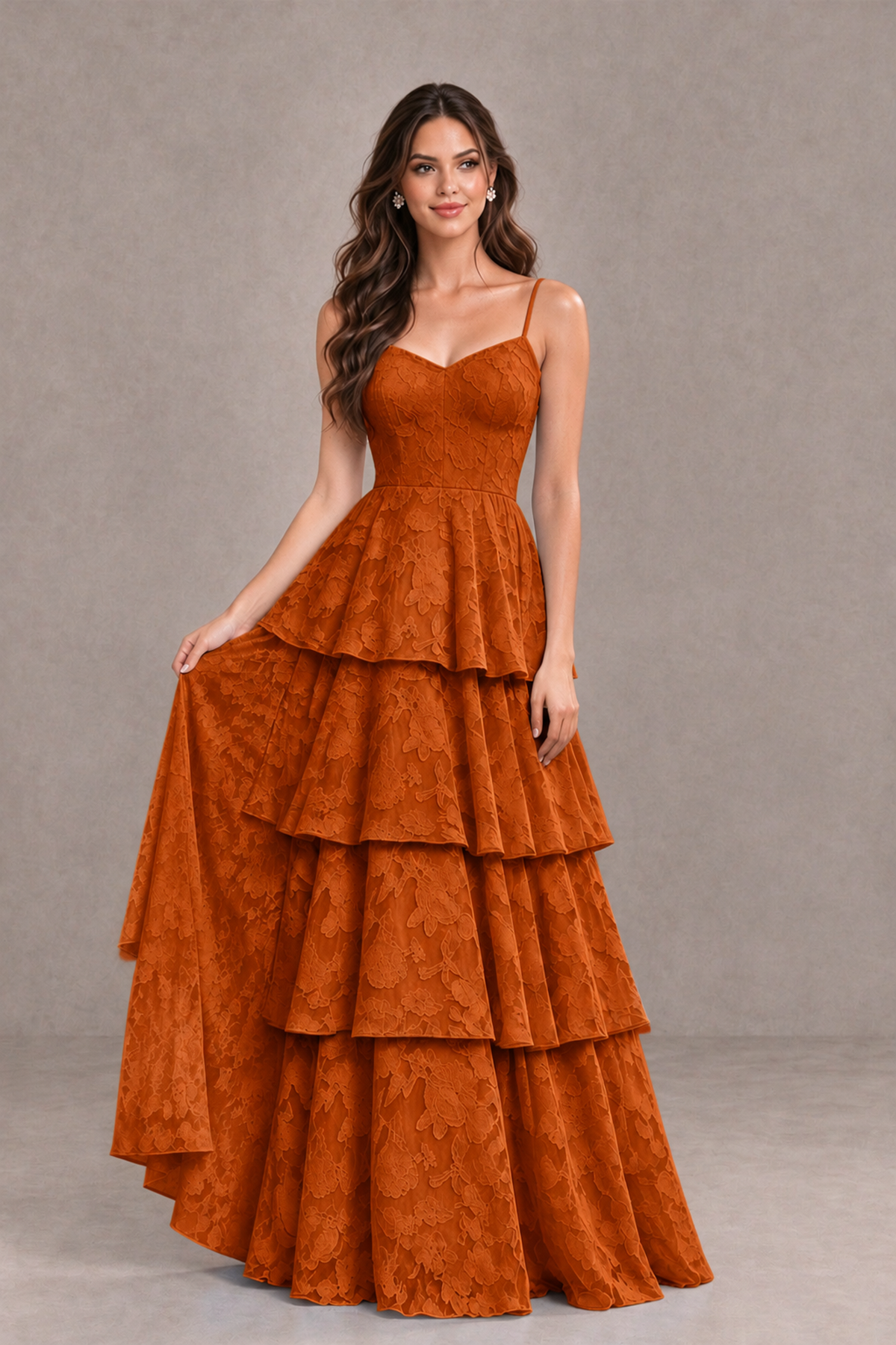 BOLODOO Burnt Orange Tiered Floral-Textured Spaghetti Strap Maxi Dress - Burnt Orange - Burnt Orange_3