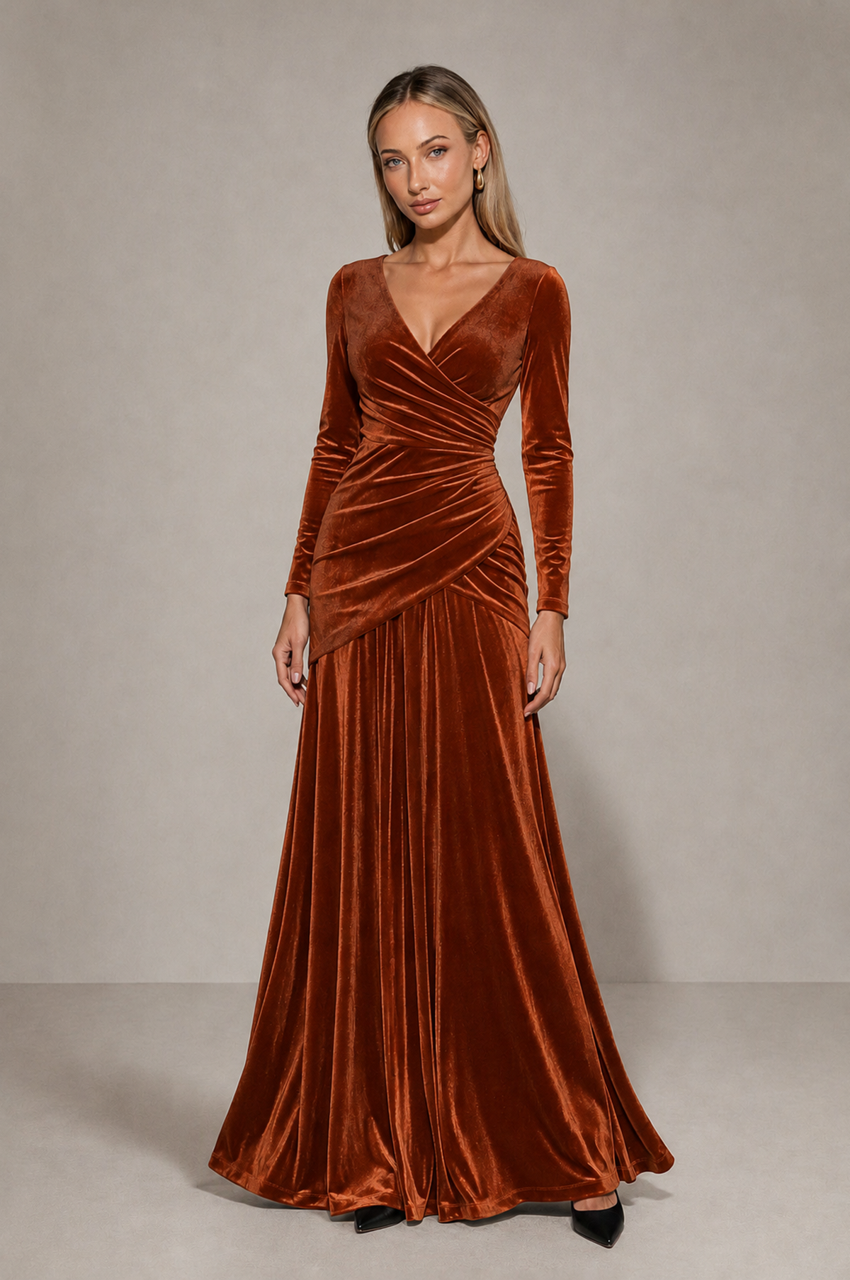 BOLODOO Burnt Orange Velvet Long Sleeve V-Neck Ruched Evening Dress - Burnt Orange - Burnt_Orange_3
