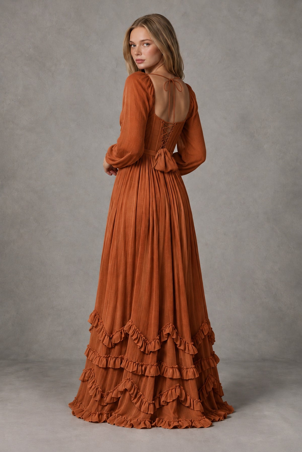 Burnt Orange Long-Sleeve Ruffle Maxi Dress with Lace-Up Back and Slit - Burnt Orange