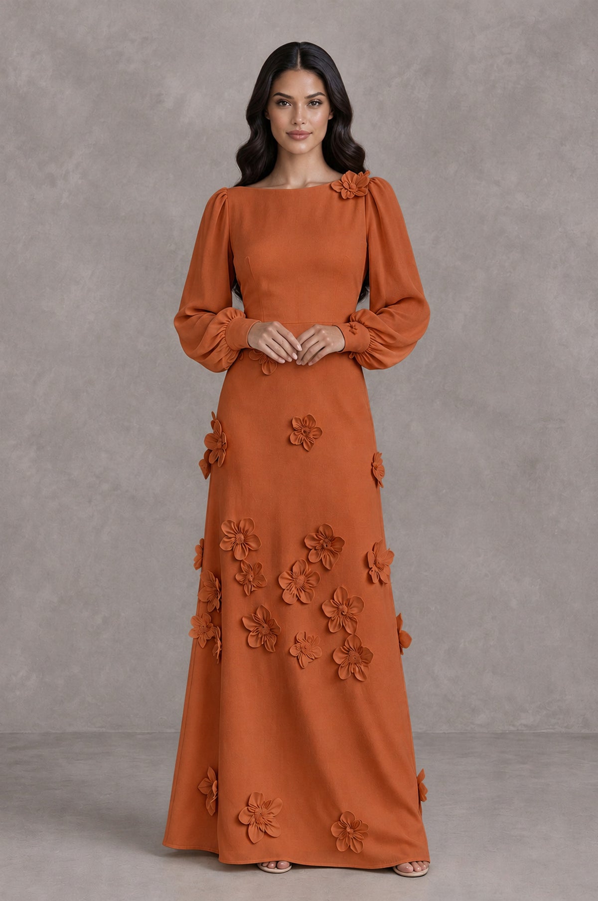 BOLODOO Burnt Orange Long Sleeve Floral Applique A-Line Evening Dress - Burnt Orange - Burnt Orange_3