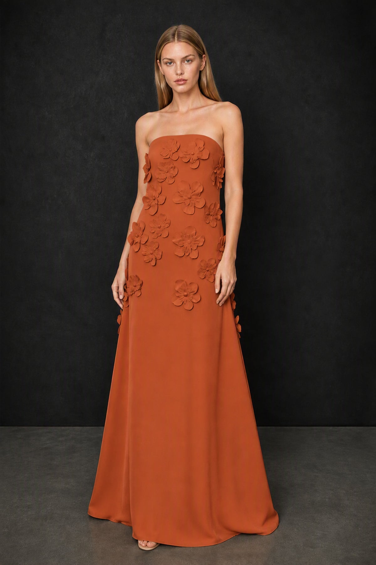 BOLODOO Burnt Orange Strapless 3D Floral Appliqué Crepe Mermaid Maxi Gown - Burnt Orange