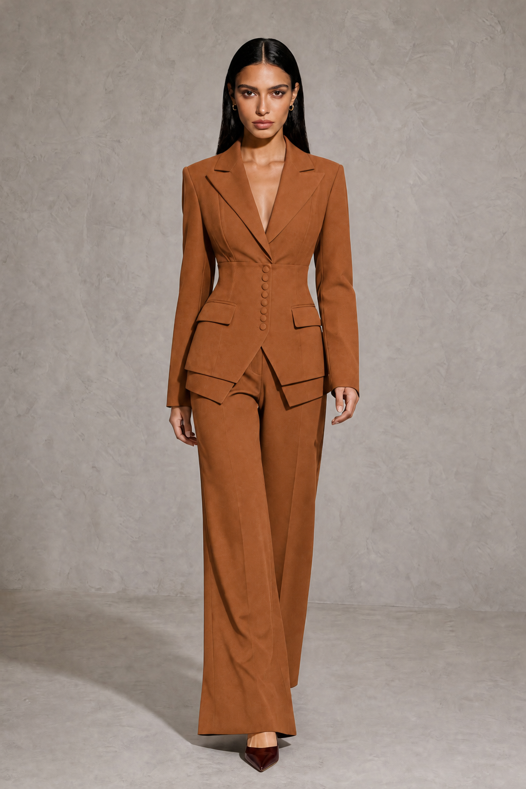 BOLODOO Burnt Orange Cinched Waist Blazer and Wide Leg Pants Two Piece Suit Set - Burnt Orange