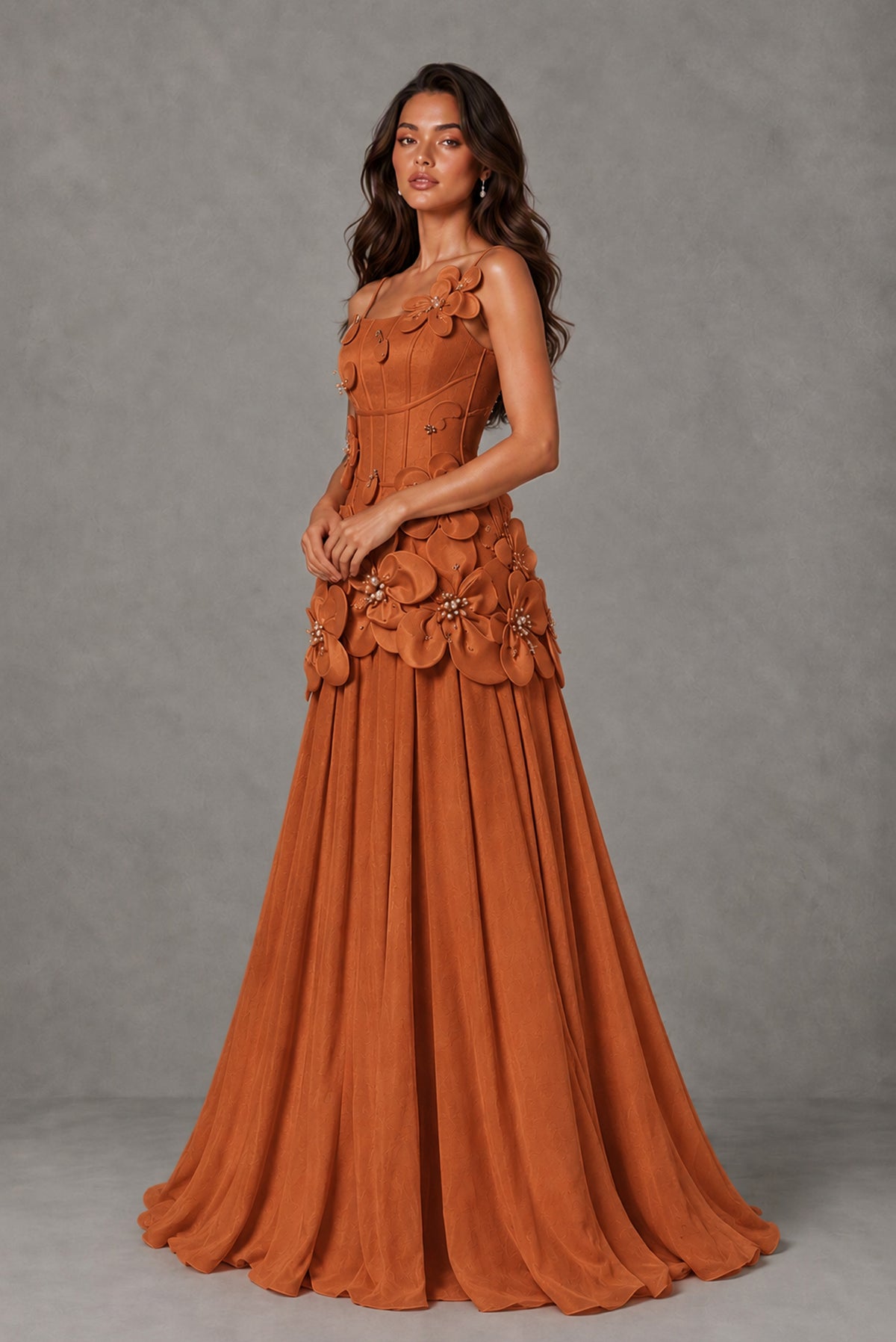 BOLODOO Burnt Orange 3D Floral Appliqué Floor-Length A-Line Evening Gown - Burnt Orange