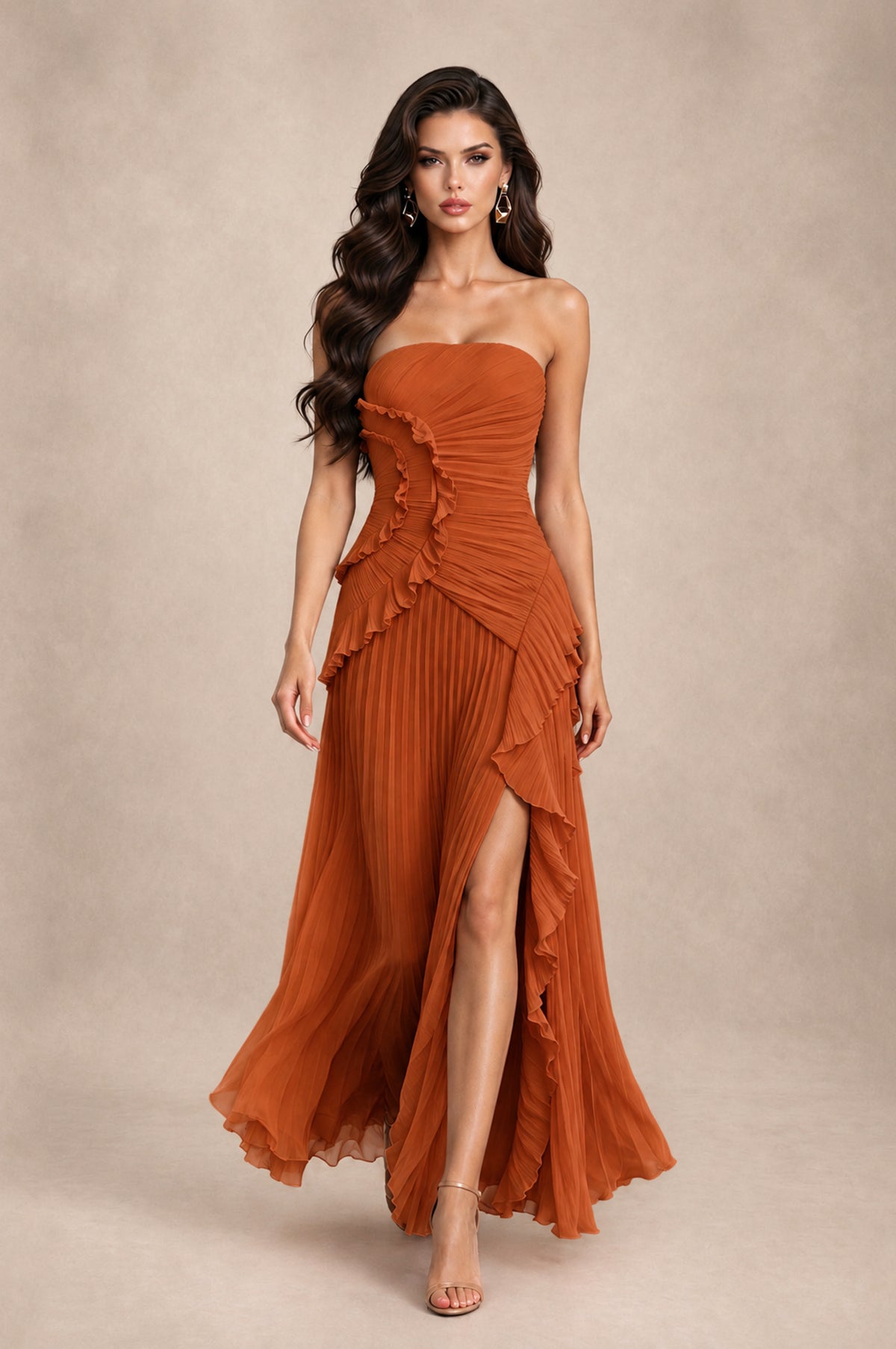 BOLODOO Burnt Orange Strapless Ruffle Pleated Slit Evening Gown - Burnt Orange - Burnt Orange_3