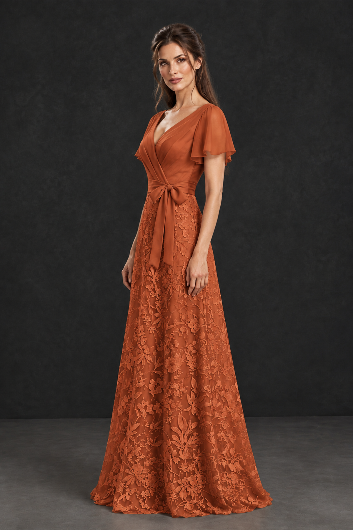 BOLODOO Burnt Orange Flutter Sleeve Lace Mother of the Bride Dress - Burnt_Orange