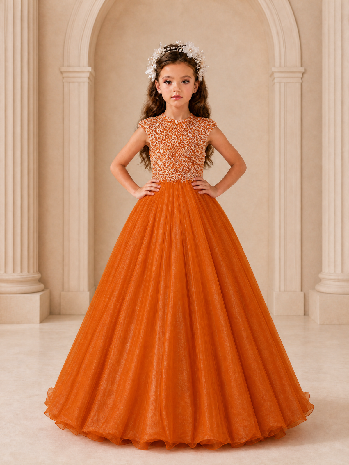 BOLODOO Burnt Orange Sequin Tulle Flower Girl Dress with Cap Sleeves - Burnt Orange - Burnt Orange_3