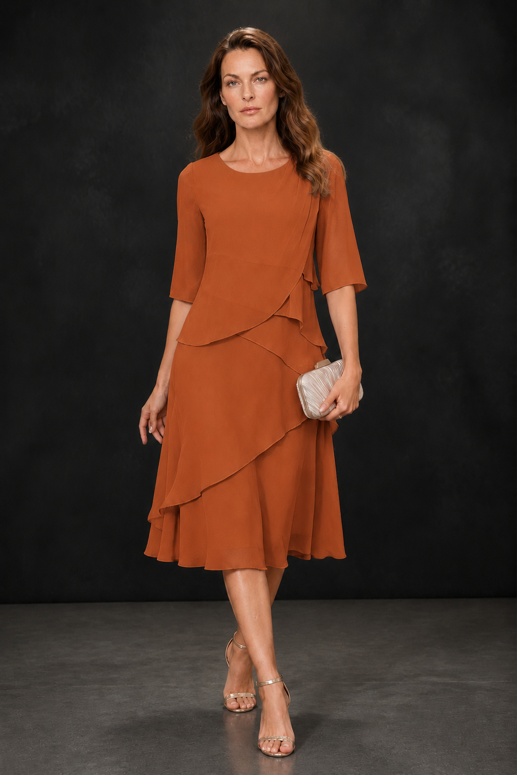 BOLODOO Burnt Orange Chiffon 3/4 Sleeve Asymmetric Tiered Tea Length Dress | Mother of the Bride Midi Dress - Burnt Orange