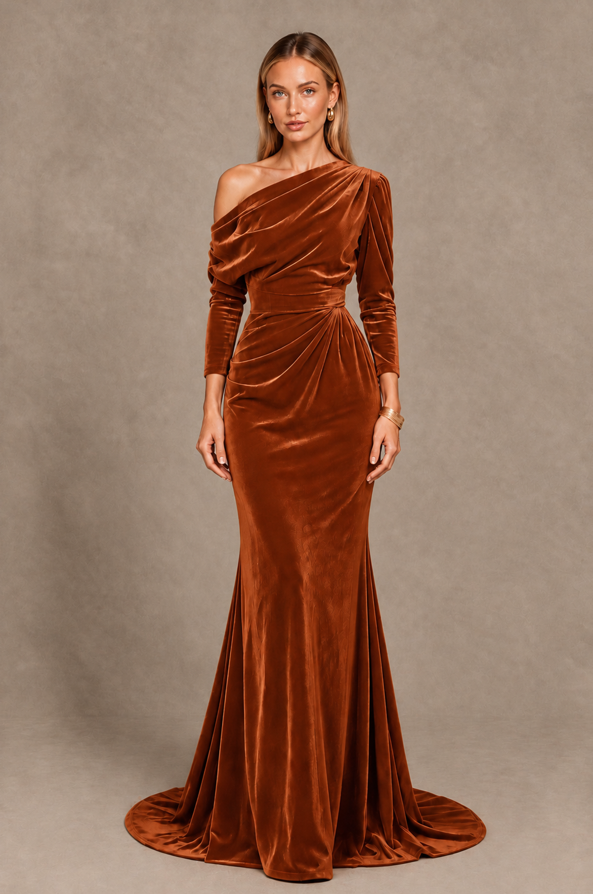 BOLODOO Burnt Orange Velvet Asymmetric Neck Mermaid Evening Dress - Burnt Orange - Burnt_Orange_3