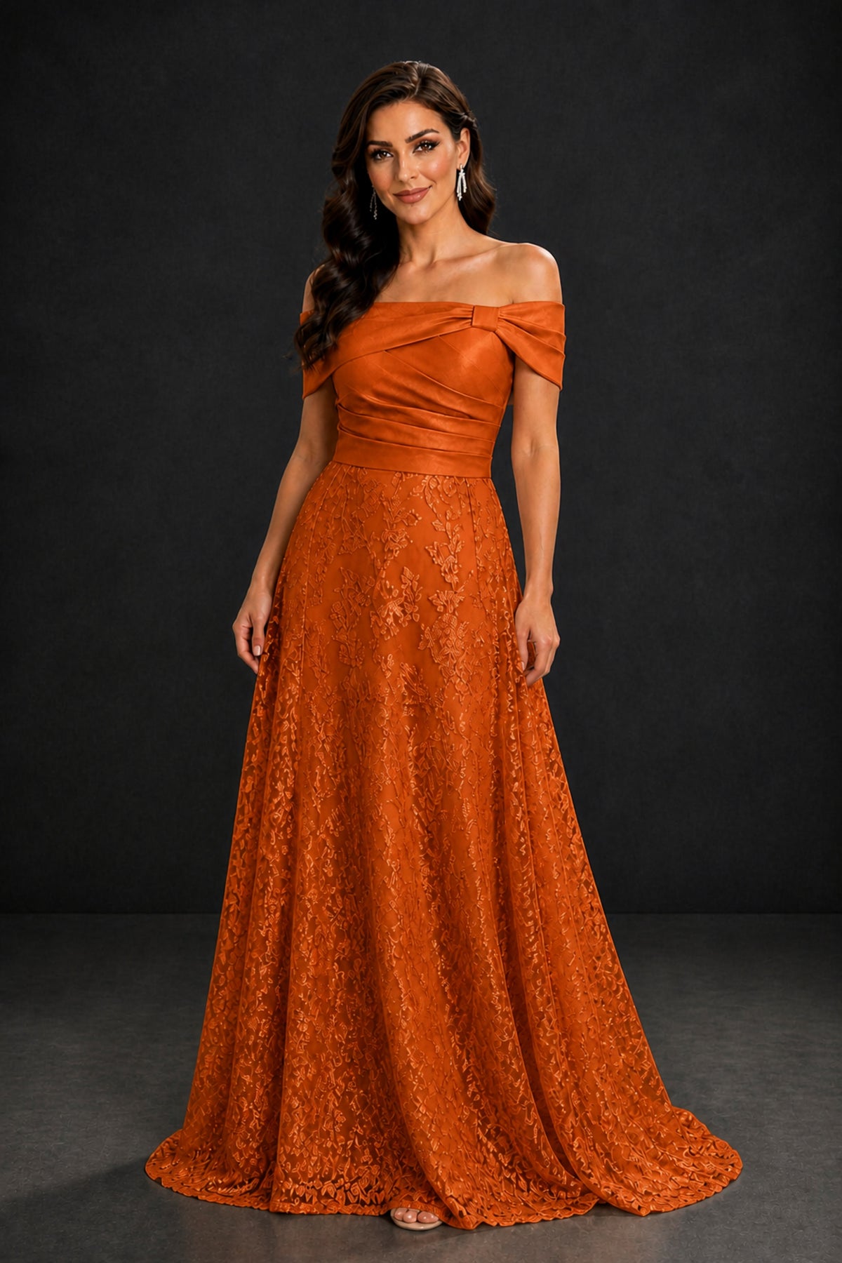 BOLODOO Burnt Orange Lace Glitter Off Shoulder Cap Sleeve A-Line Ball Gown with Train – Formal Evening Dress - Burnt Orange