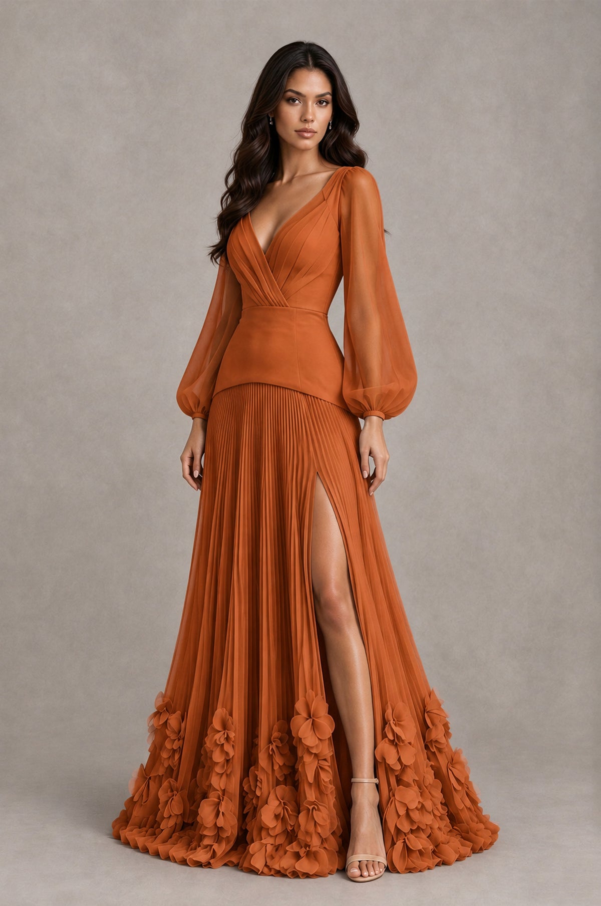 BOLODOO Burnt Orange V-Neck Long Sleeve Pleated Floral Hem Evening Dress - Burnt Orange - Burnt Orange_3