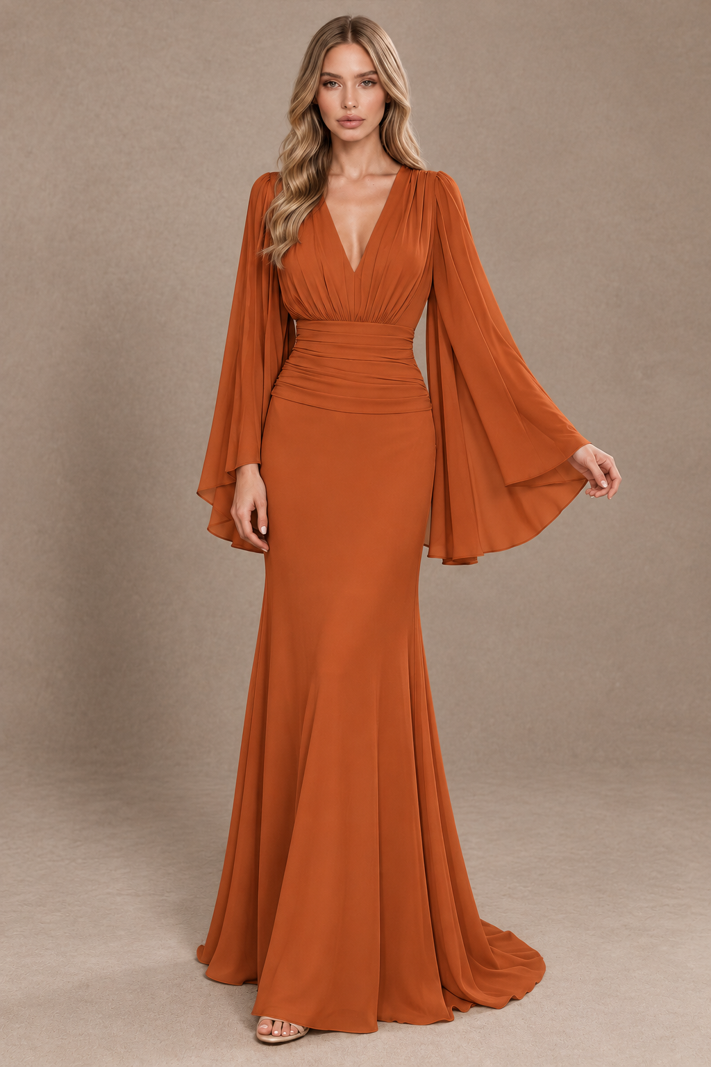 BOLODOO Burnt Orange Cape Sleeve V-Neck Ruched Chiffon Evening Dress - Burnt Orange - Burnt_Orange_3