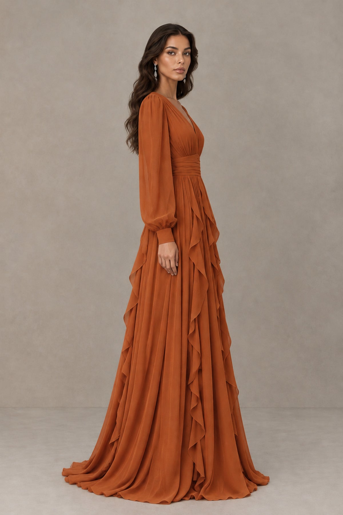 BOLODOO Burnt Orange Long Sleeve V-Neck Ruffle Maxi Dress - Burnt Orange