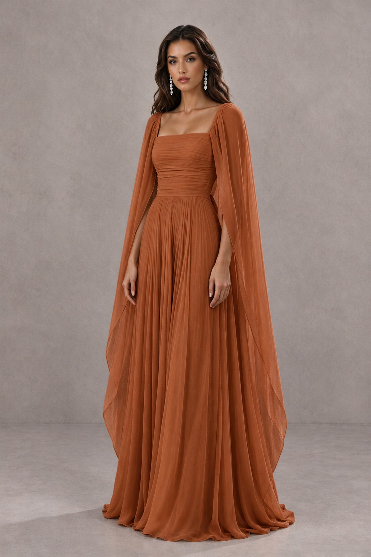 BOLODOO Burnt Orange Square Neck Cape Sleeve A-Line Evening Dress - Burnt Orange - Burnt_Orange_3