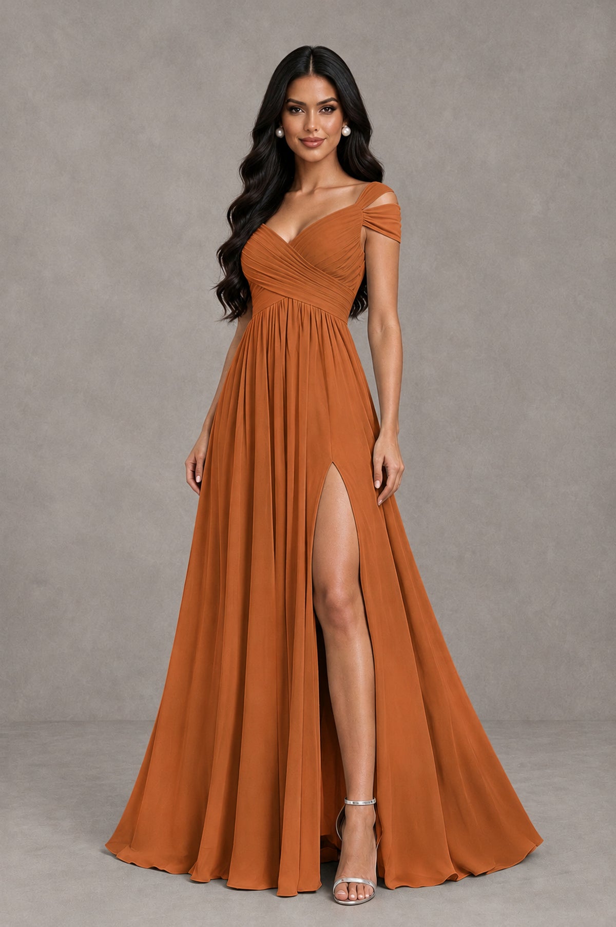 BOLODOO Burnt Orange Cold Shoulder Chiffon Evening Dress with V Neck and High Slit - Burnt Orange - Burnt Orange_3