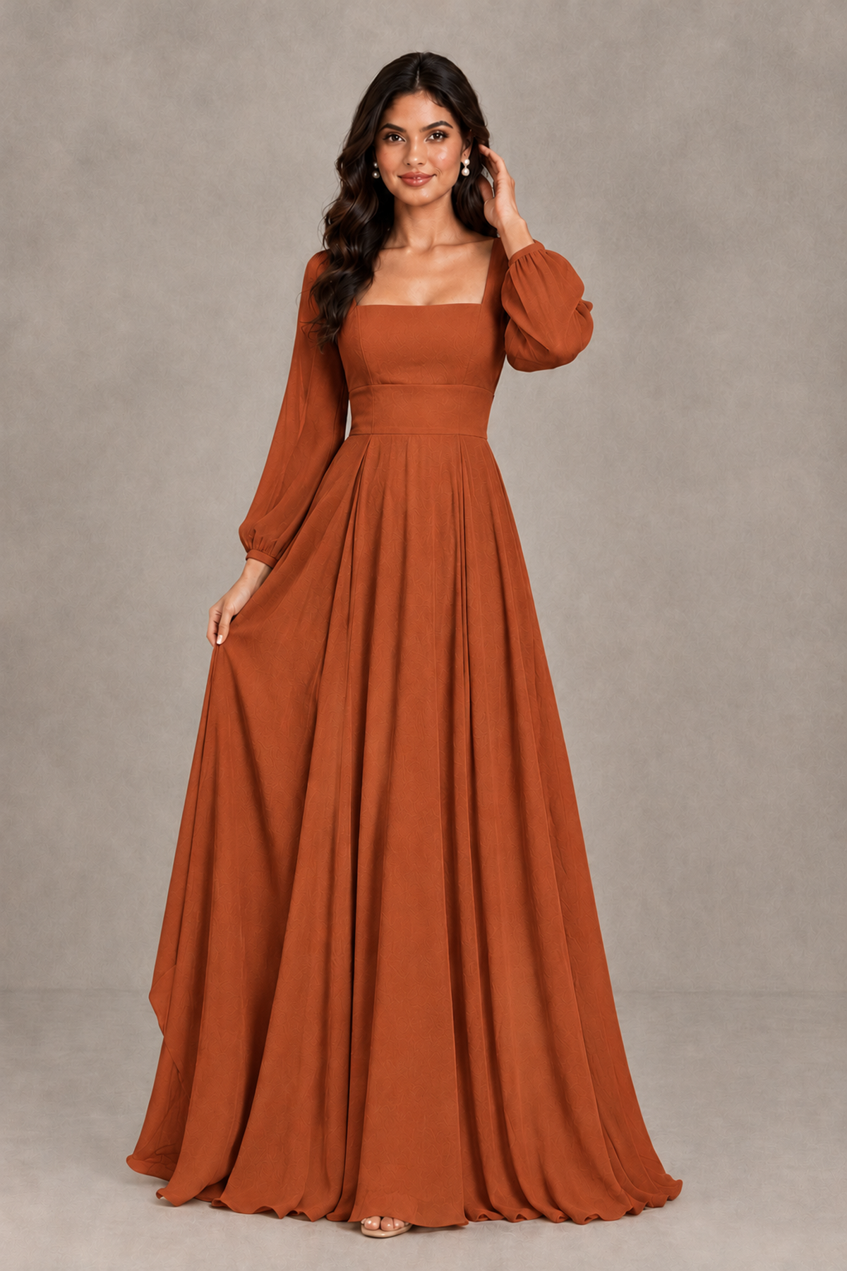 BOLODOO Burnt Orange Square Neck Long Sleeve A-Line Bridesmaid Dress - Burnt Orange - Burnt Orange_3