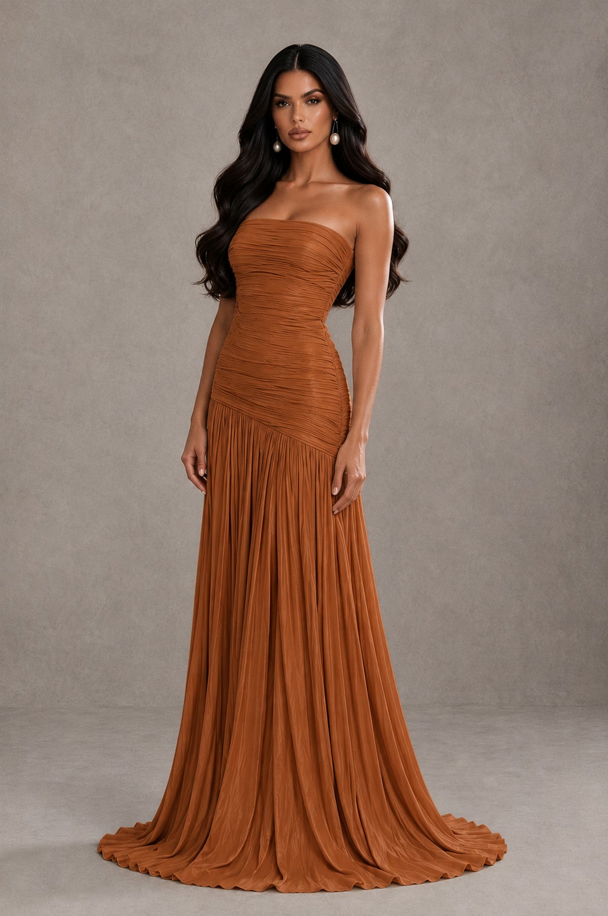 BOLODOO Burnt Orange Metallic Ruched Strapless Pleated A-Line Backless Maxi Dress with Train - Burnt Orange - Burnt Orange_3
